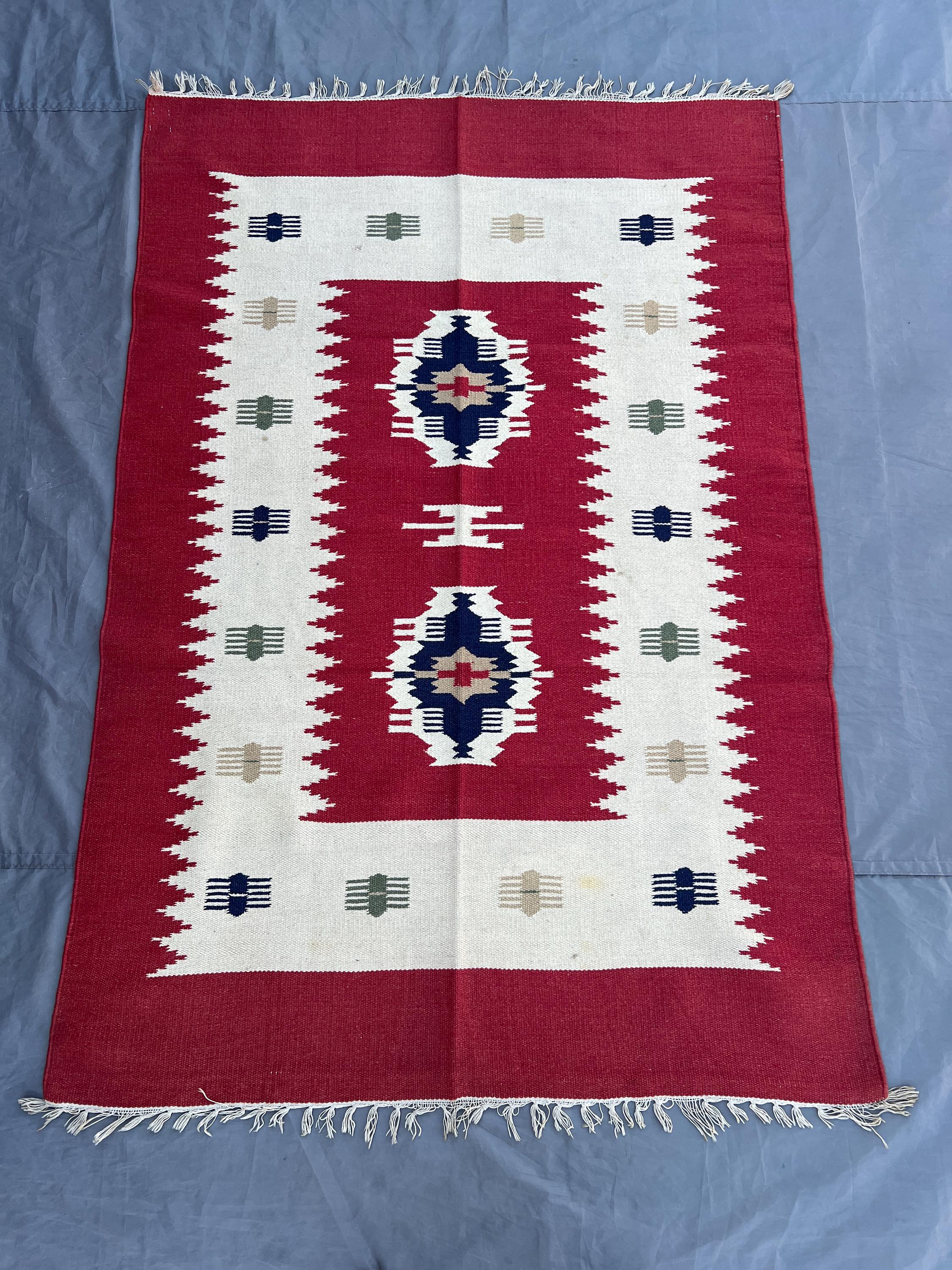 Red Afghan Kilim Rug 4x6 | Handwoven Flat Weave Wool Rug | Boho Tribal Accent | Bold Geometric Carpet | Living