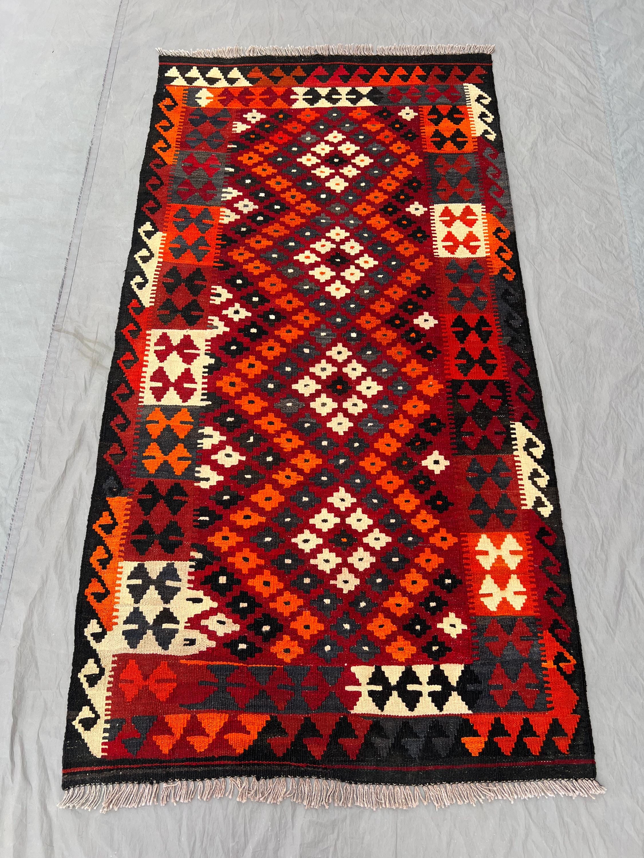 Afghan Hand-Woven Flat Weave Kilim – 3.3 x 6.5 ft Colorful Modern Faryab Design Unique Wool Carpet One of a Kind | Living room & Bedroom rug