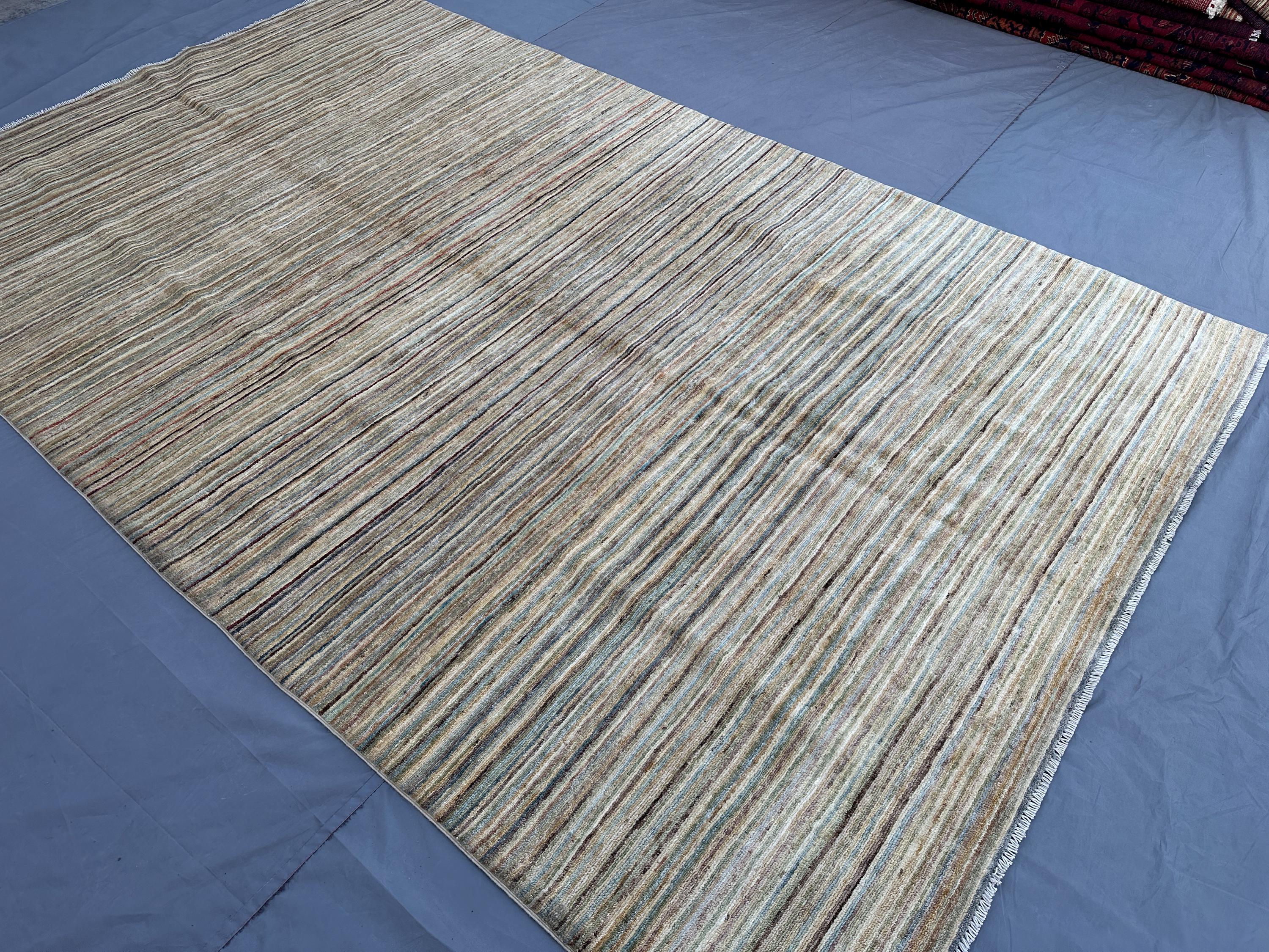 6'2x10'1 ft Modern Afghan Hand Knotted Gabbah Rug, Neutral Striped Wool Rug, Minimalist Area Rug, Moroccan Rug, Living Room Floor Decor