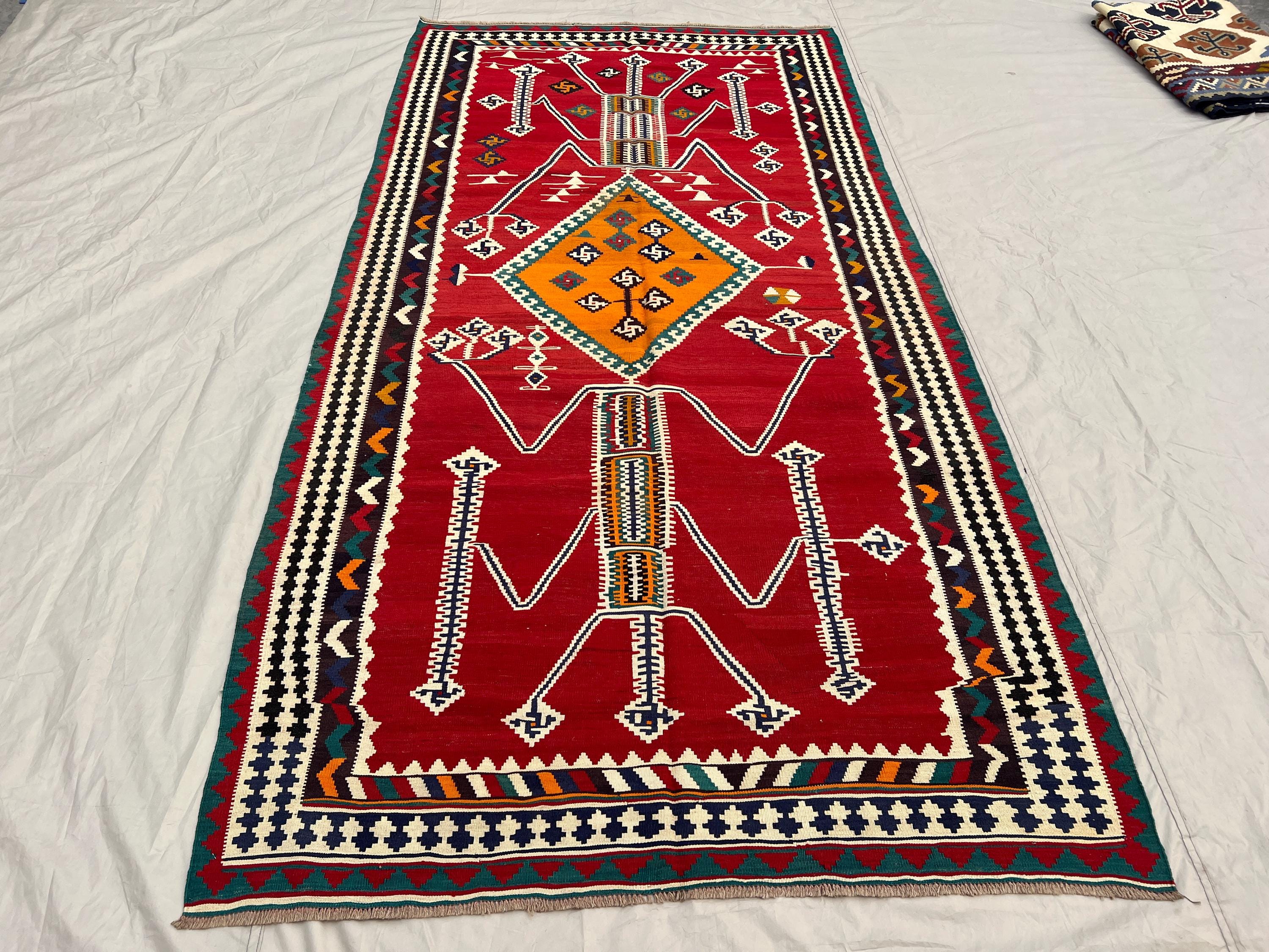 5'3x9'11 Vintage Afghan Baluchi Kilim Rug - Handwoven Flatweave, Bold Red & Yellow Geometric Design - Boho Hom
