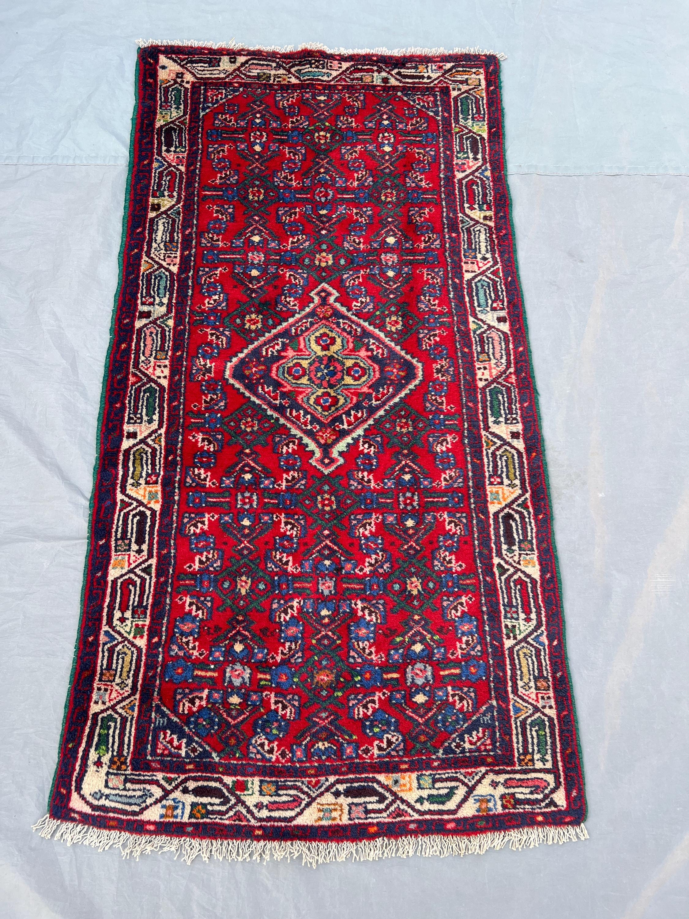 2'5x4'6 Ft Vintage Afghan Hand Knotted Pile Rug | Red Navy Geometric Medallion Allover Tribal Wool Area Rug Living Room, Bedroom, Entryway