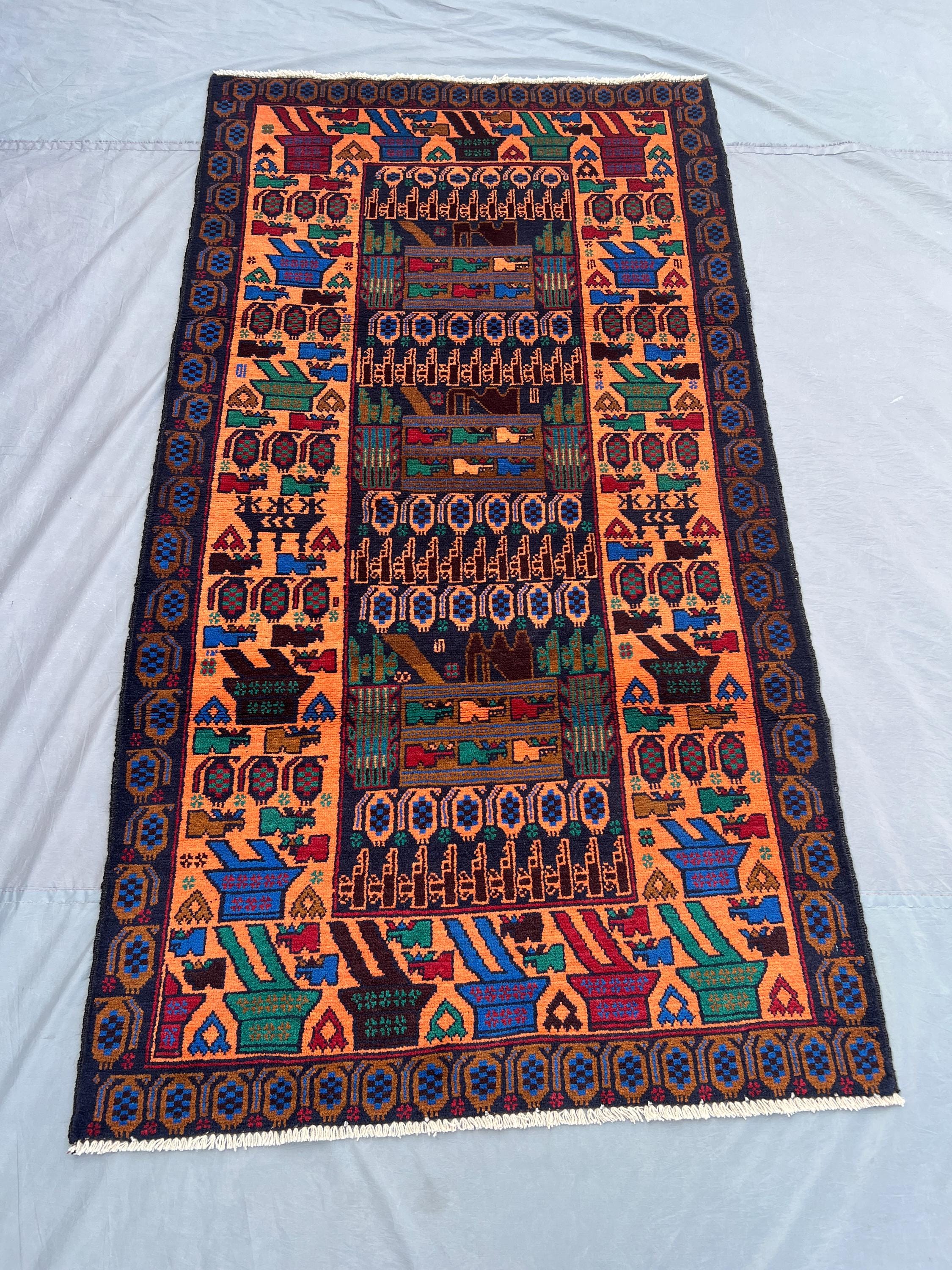 Afghan Pictorial War Rug | 3x6 Hand-Knotted Wool rug | Vintage Baluchi Tribal Art Design | Soft Pile Collectib