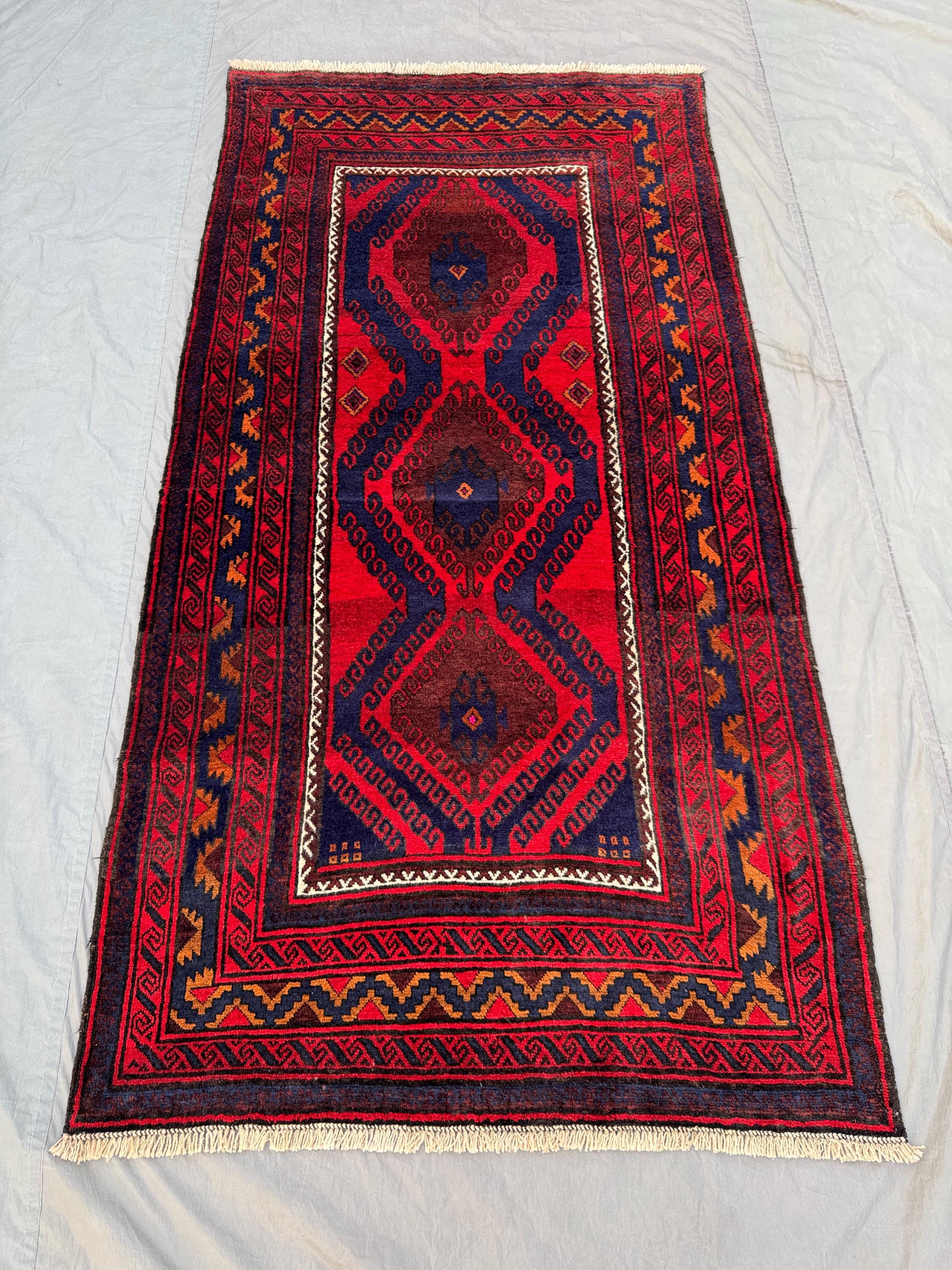 4 x 7.10 ft Red Afghan Hand Knotted Rug, Vintage Soft Pile with Moroccan Design, One of a Kind ft Tribal Home Decor Luxury Wool