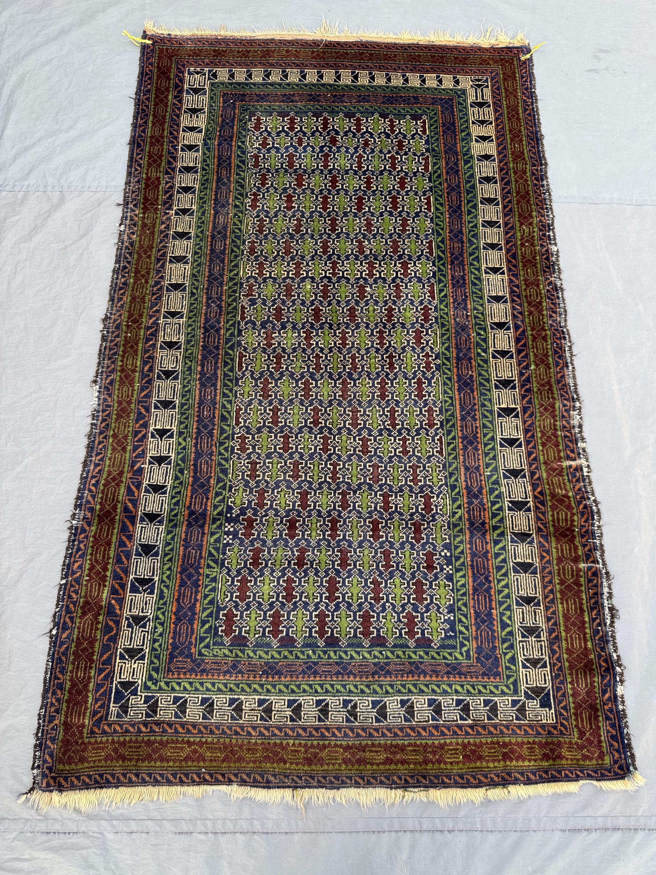 Green Blue 3'10 x 6'5 ft Antique 1920s Afghan Hand Knotted Rug, Geometric Tribal Design, Area Rug for Living Room Bedroom Hallway Entryway