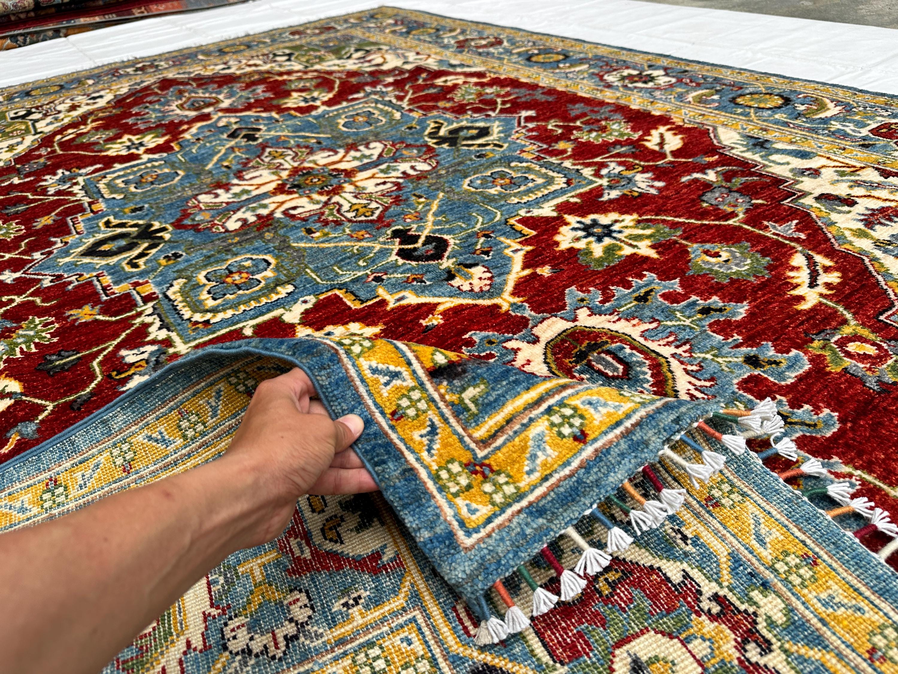 Red Medallion Rug, Hand Knotted Wool Area Rug 7x9, Traditional Blue Border Carpet, Vintage Style Wool Rug, Liv