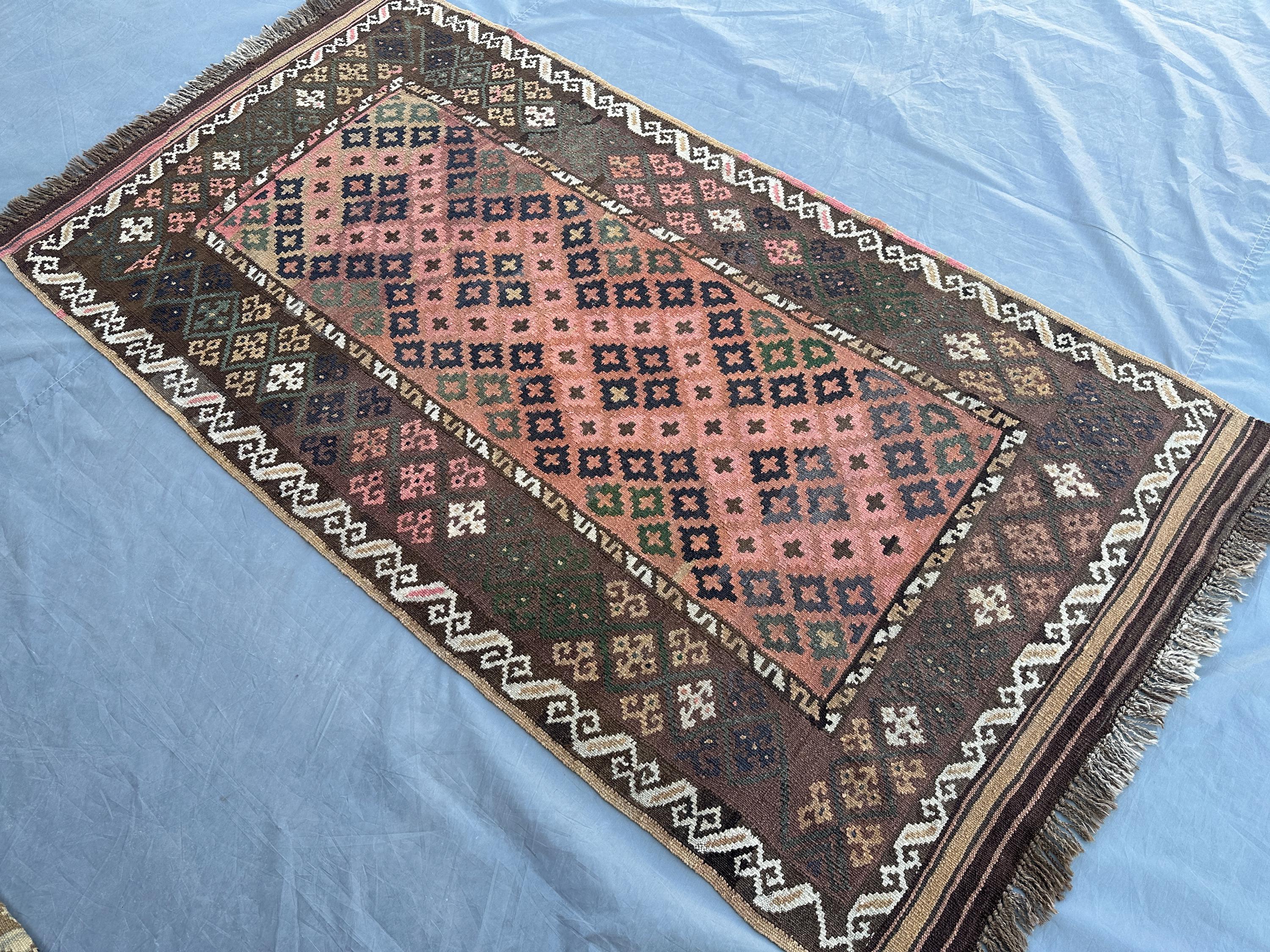 3'7x6'4 ft Antique Handmade Tribal Kilim Rug, Turkmen Terracotta Faded Ghlmori Flat Weave Area Wool Rug Kitche
