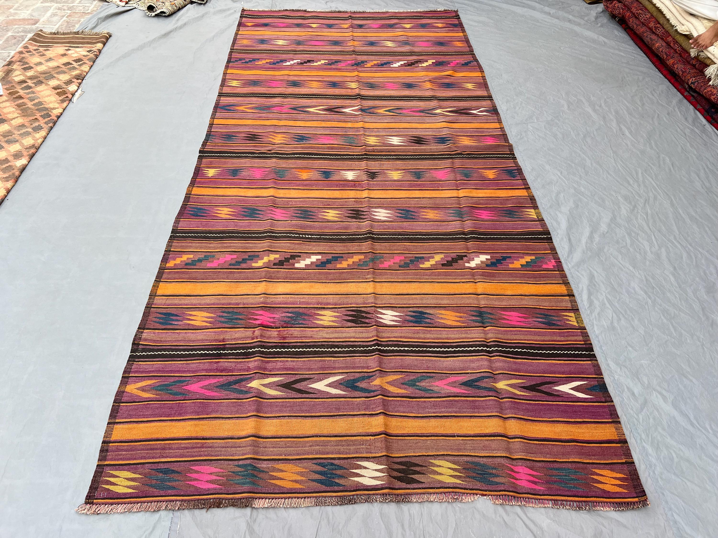 6 x 12 ft Afghan Hand-Woven Vintage Kilim One-of-a-Kind Large Area Rug, Maimana Design, Bold Geometric Patterns | large living room rug