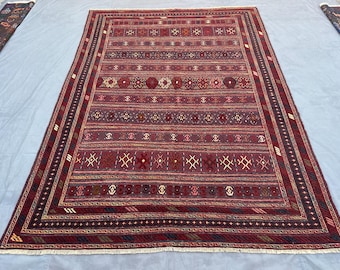 7x10 Antique Afghan Kilim Rug | Tribal Flat Weave Wool Rug | Vintage Geometric Design for Living Room or Bedroom Rug, Turkish Style Kilim