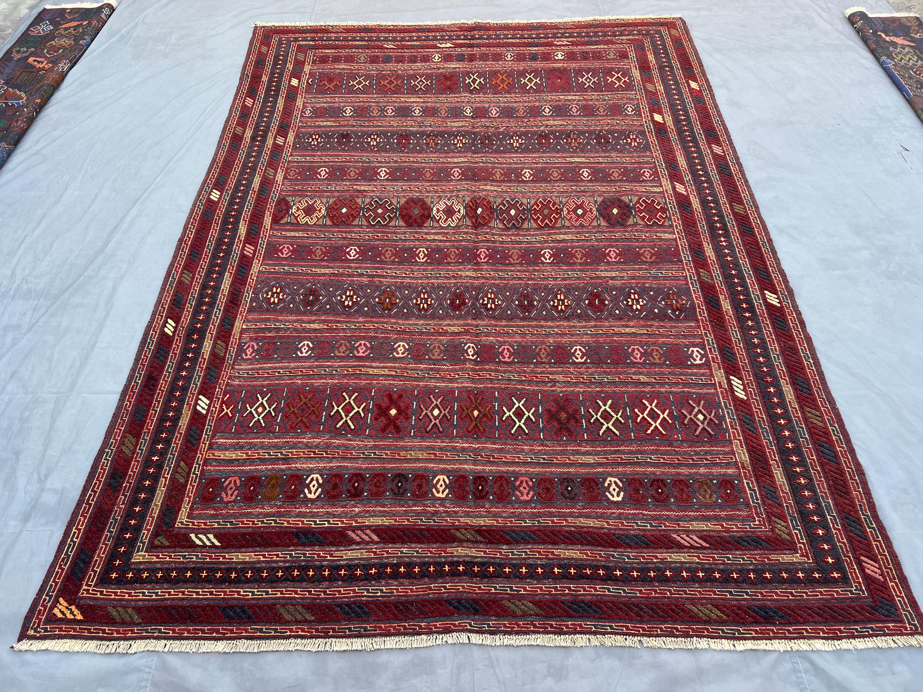 7x10 Antique Afghan Kilim Rug | Tribal Flat Weave Wool Rug | Vintage Geometric Design for Living Room or Bedro