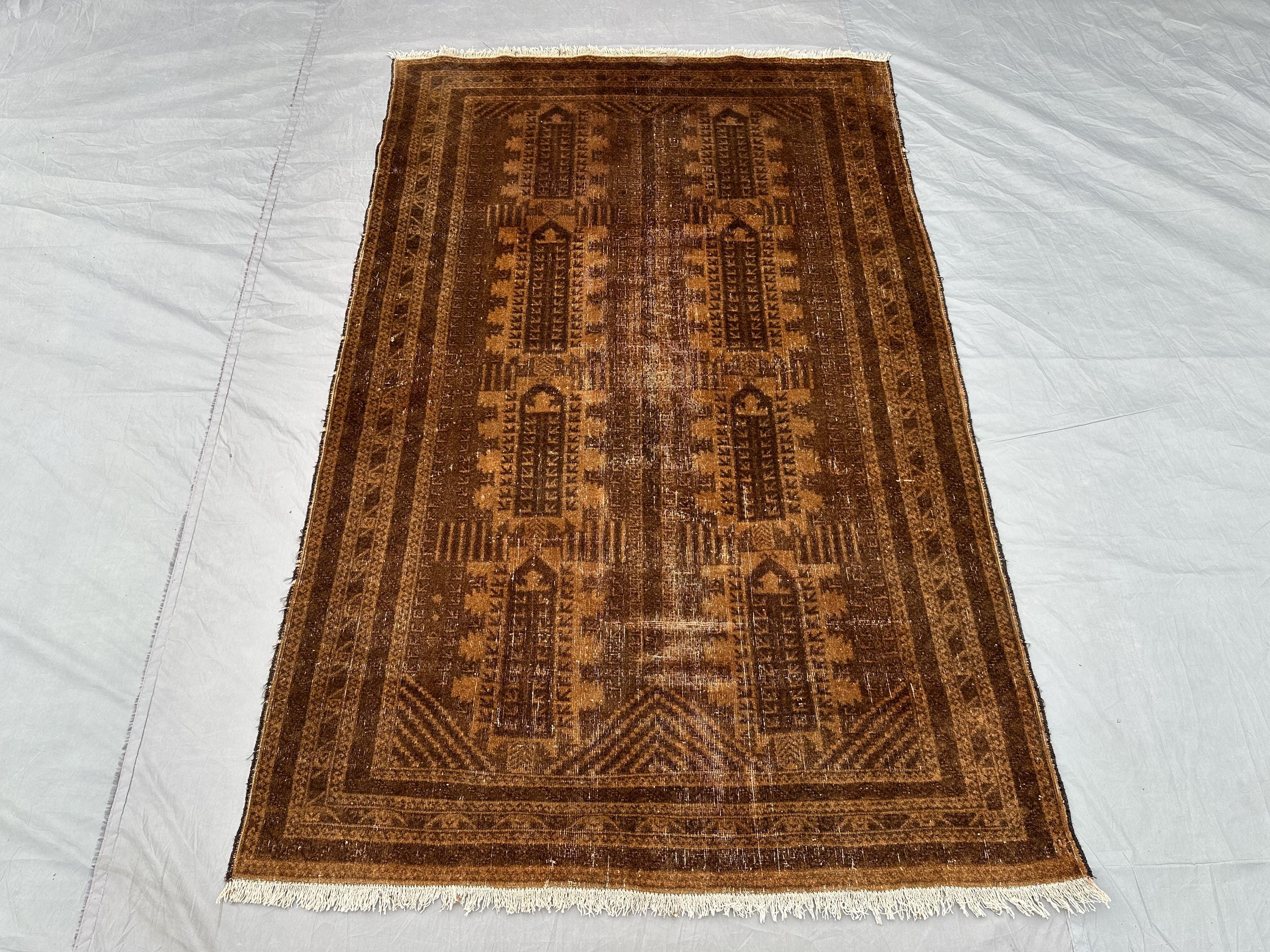 4x7 Antique Afghan Baluch Rug, Tribal Wool Rug | Hand Knotted Brown Prayer Rug | 1960s Vintage Baluchi Carpet | Oriental Area Wool Rug, Moss
