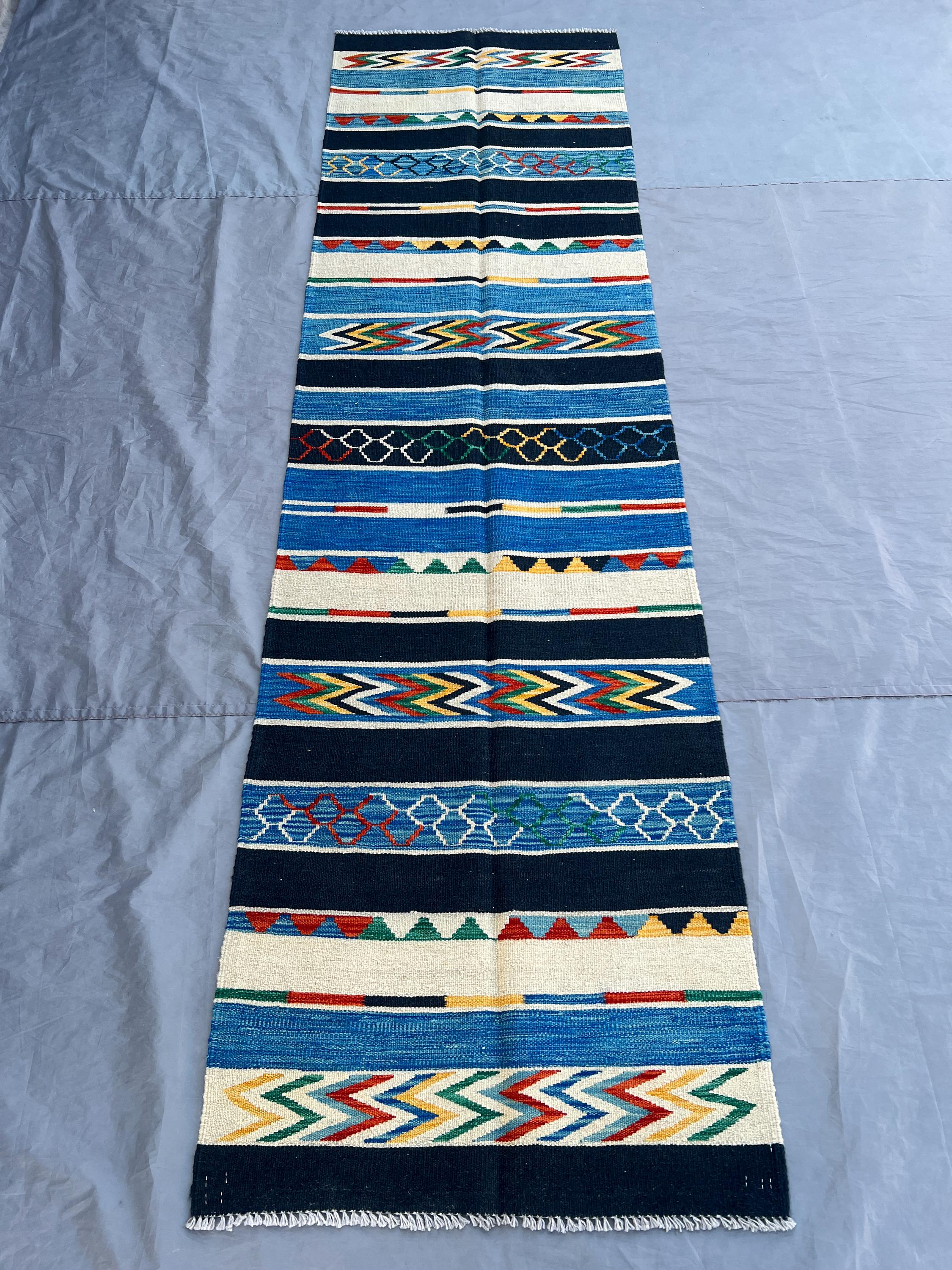Afghan Kilim Runner Rug 2'8x9'8 ft | Handmade Colorful Wool Flatweave | Geometric Tribal Long Rug | Boho Hallway Carpet | Blue Striped Decor
