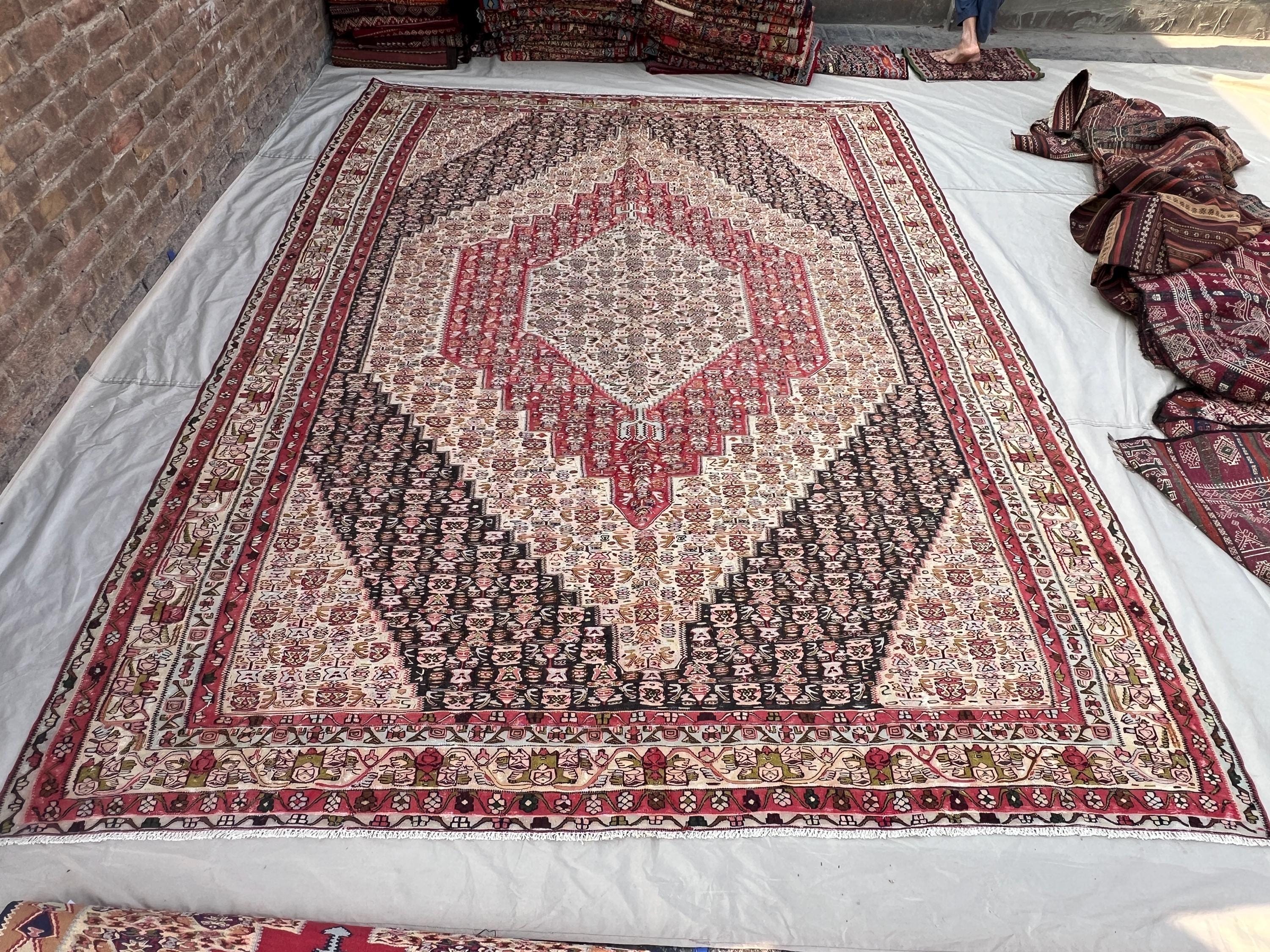 8'8x11'8 ft Vintage Afghan Hand-Woven Kilim | Large Diamond Medallion Dense Floral Field | Ivory Crimson Red & Dark Charcoal | Living Room