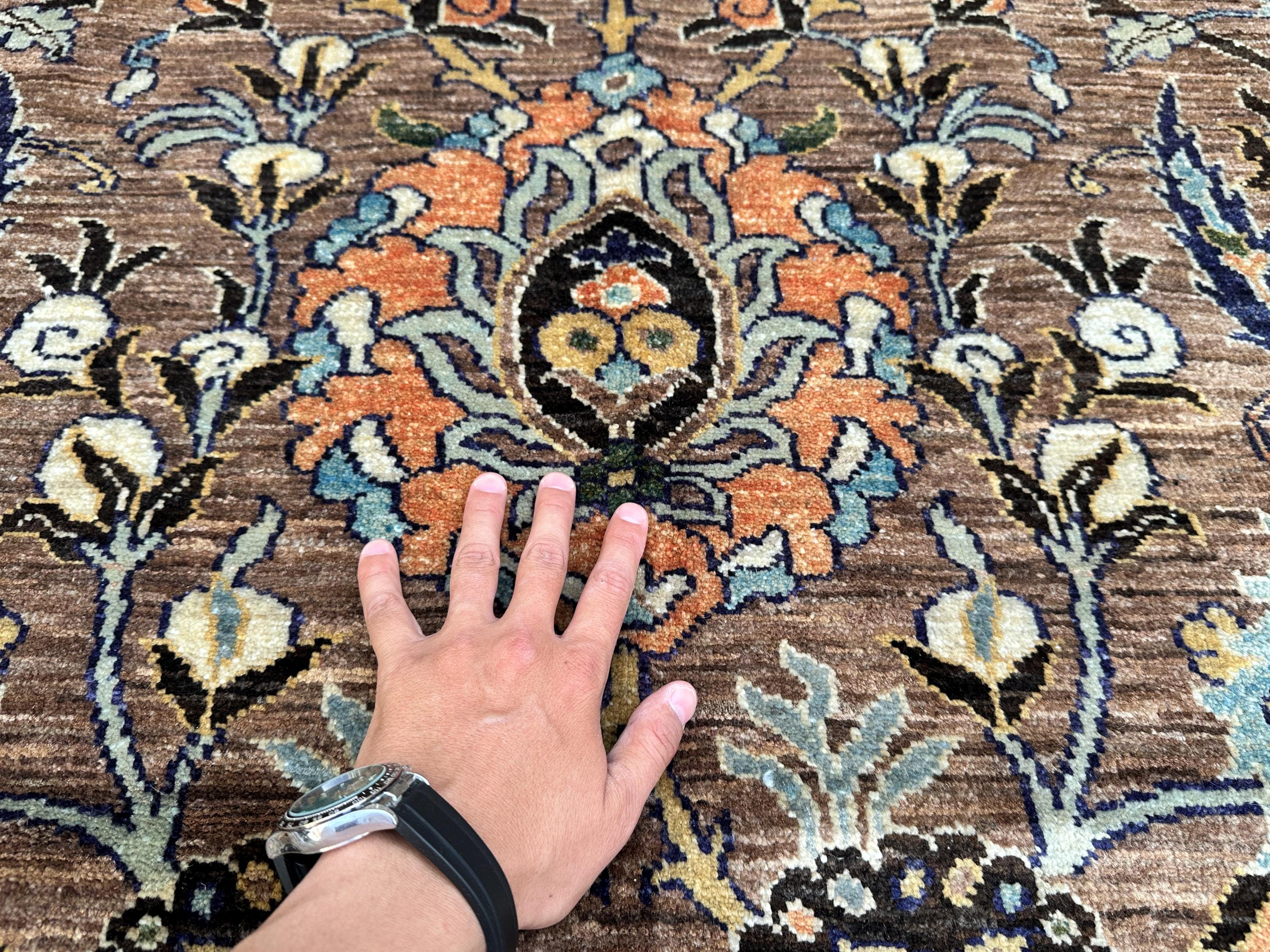 9x12,Afghan Oushak Area Rug Hand-Knotted Wool Carpet, Brown Navy Floral Medallion Design, Large Living Room Ru
