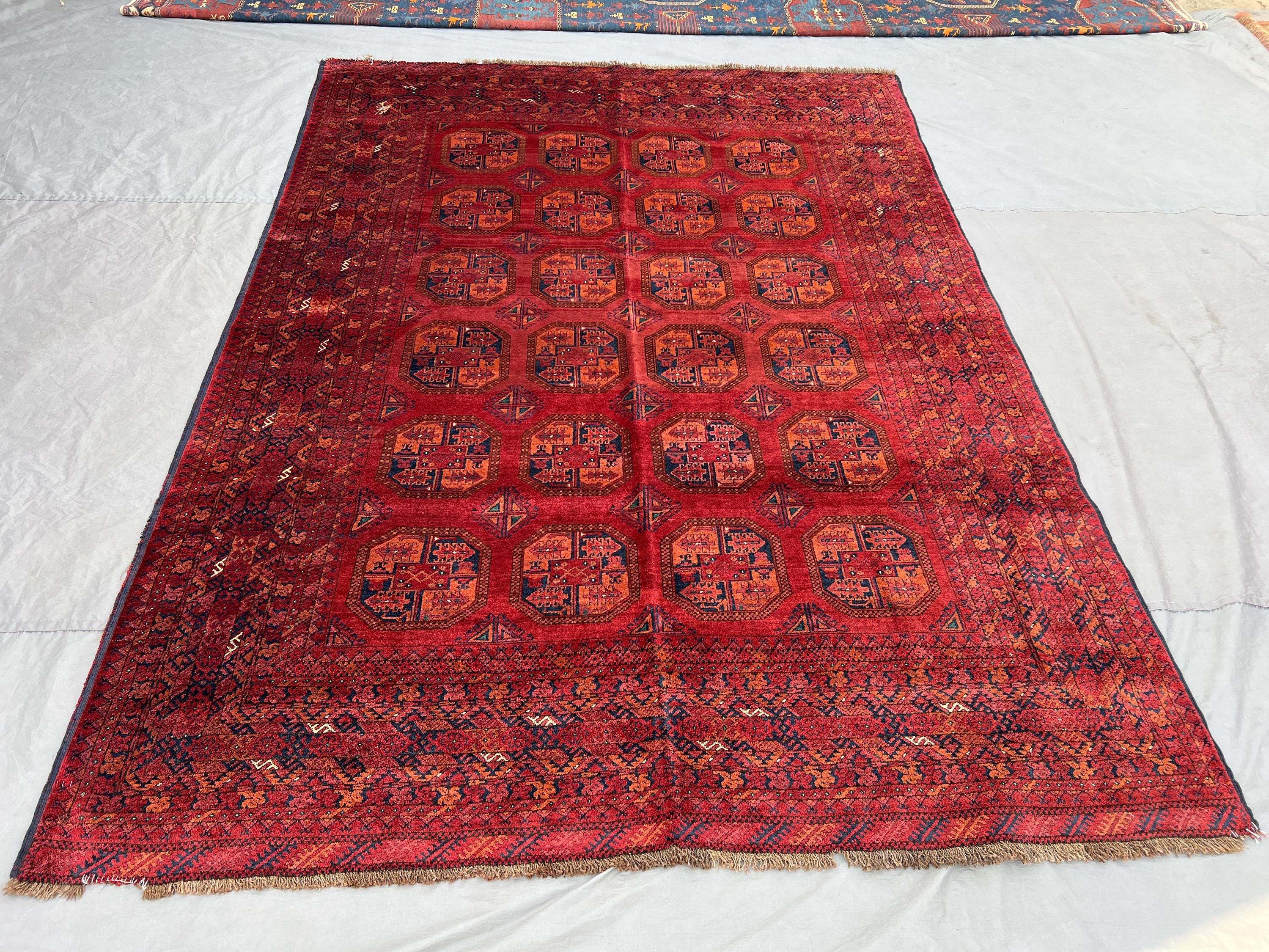 Vintage Afghan Bukhara Rug 7x9, Hand Knotted Red Wool Area Rug, Turkmen Tribal Geometric Carpet, Boho Nomadic