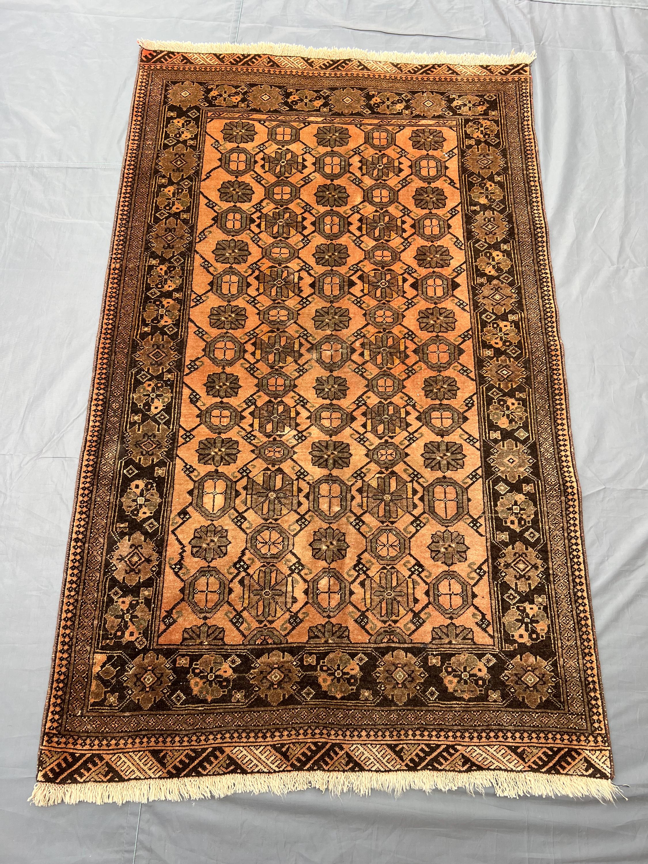 4x6 Charming Terracotta Vintage Turkmen Bashiri Hand-Knotted Wool Rug, Tribal Geometric Elephant Foot Design C