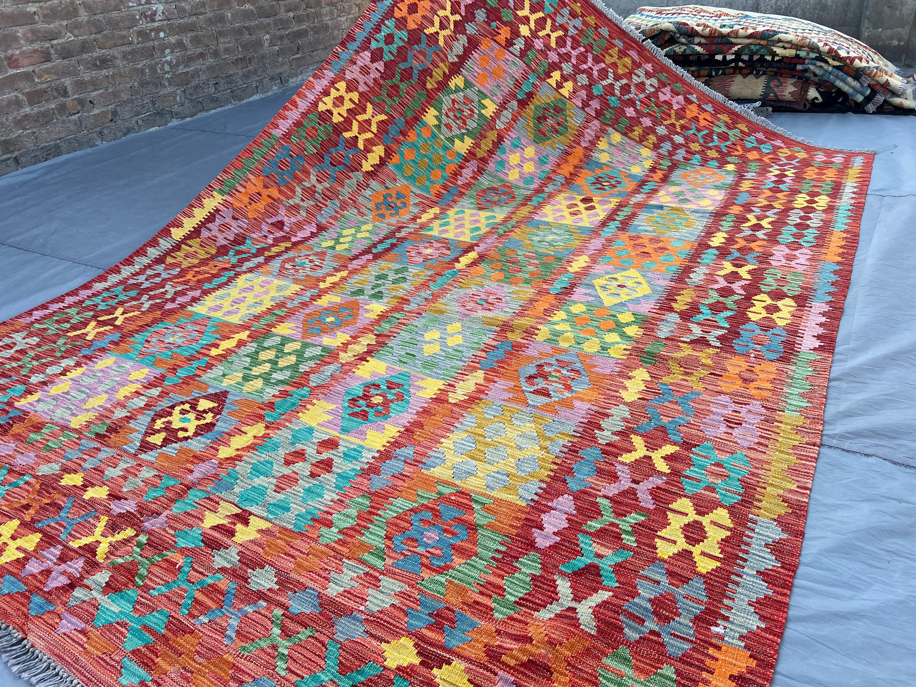 7 x 10 Colorful Kilim Rug | Afghan Handmade Flat Weave Wool Carpet | Tribal Area Rug | Vibrant Ethnic Geometri