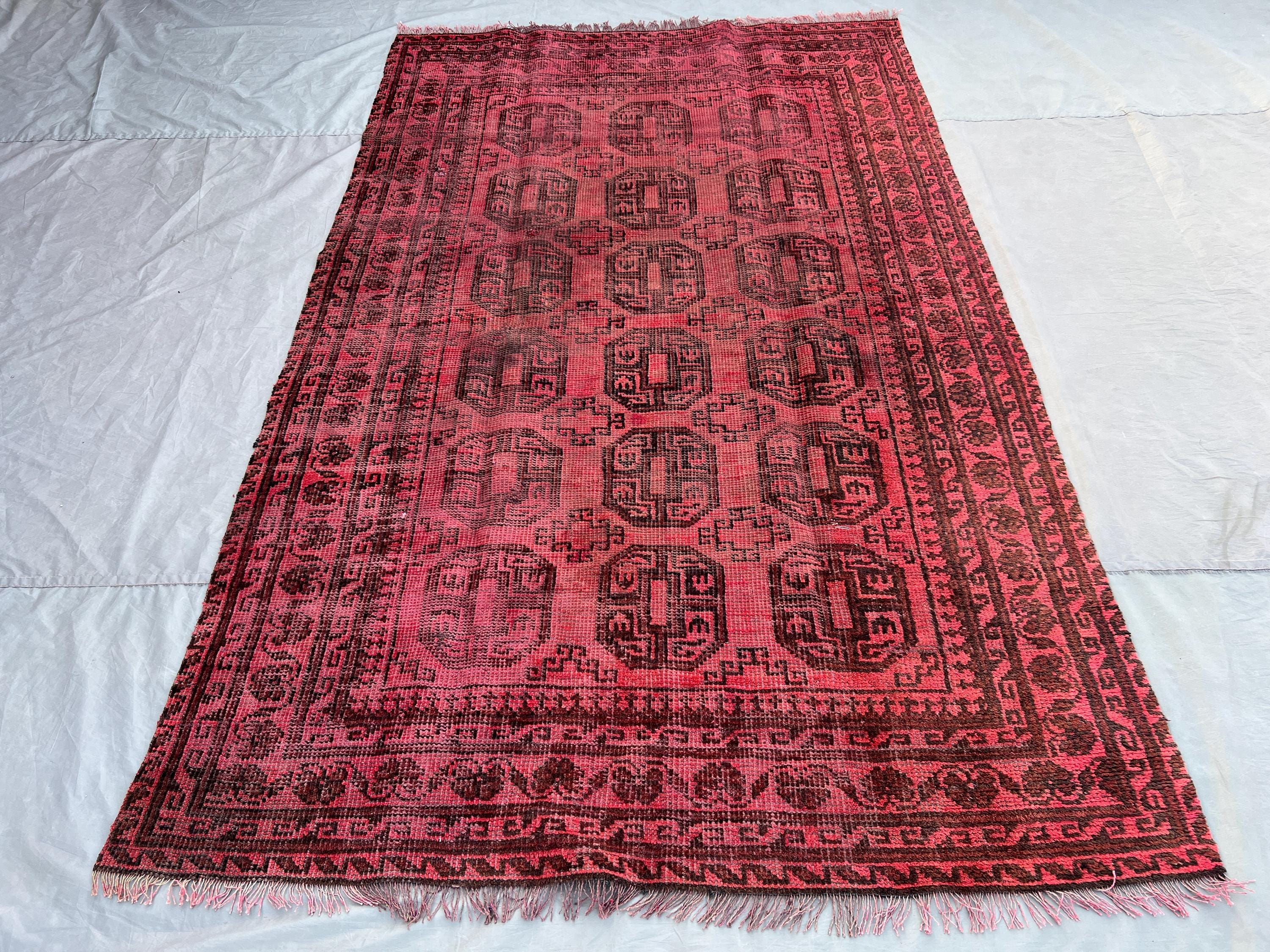 Antique Turkmen Bukhara Rug, 5x8 Tribal Geometric Wool Carpet | Distressed No Pile Faded Red Area Rug, Vintage