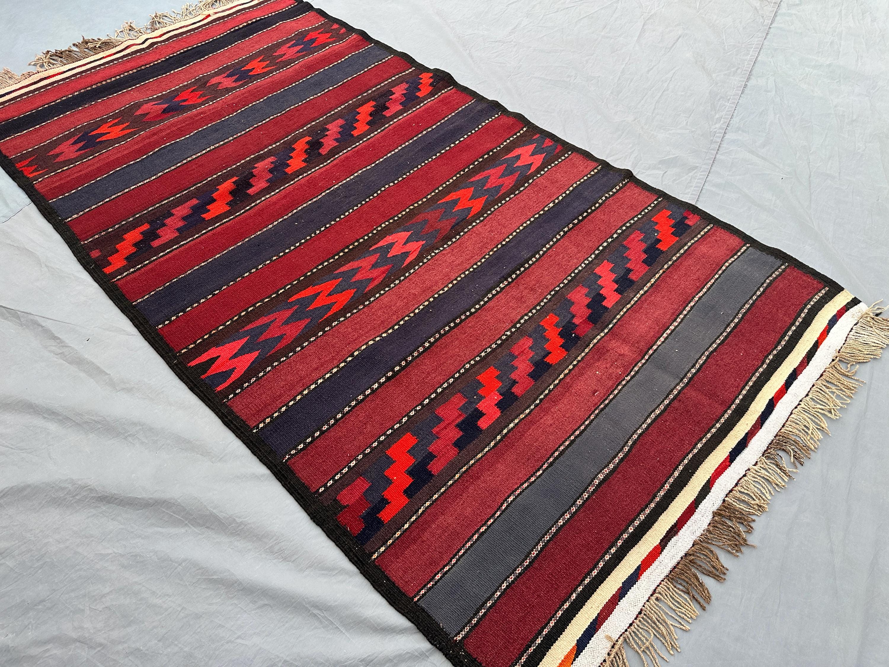 4x7 Antique Afghan Baluchi Kilim Rug | Tribal Flat Weave Wool Rug | Handmade Turkish Style Striped Kilim | Red Black Boho Decor kitchen rug