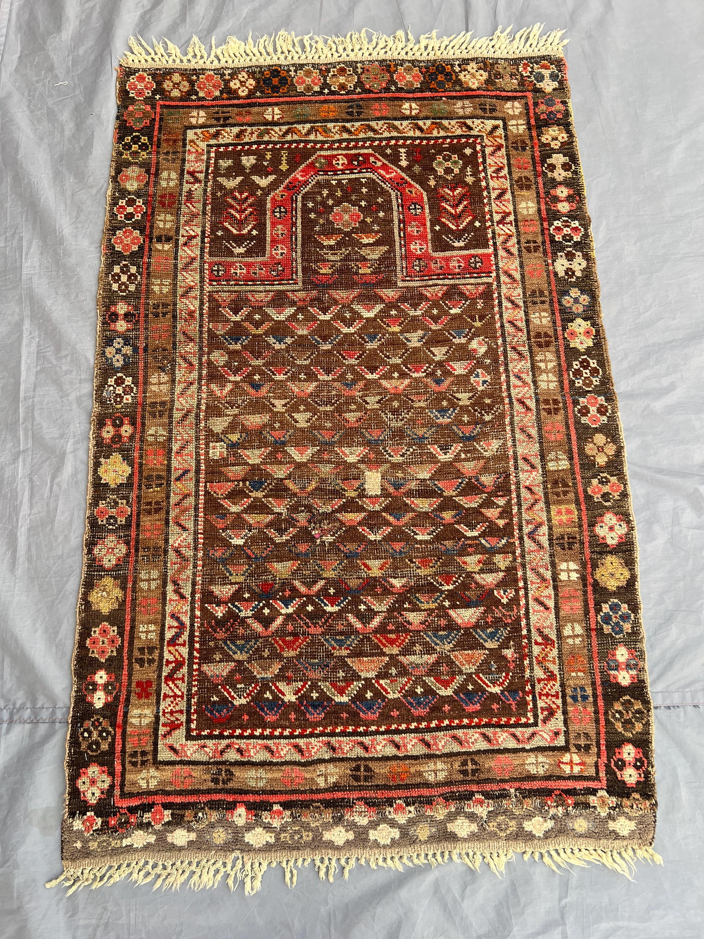 Antique Afghan Prayer Rug 3x5 | 1900s Hand-Knotted Wool Islamic Mihrab Rug | Vintage Tribal Wall Hanging | Rustic Brown No Pile Area Carpet