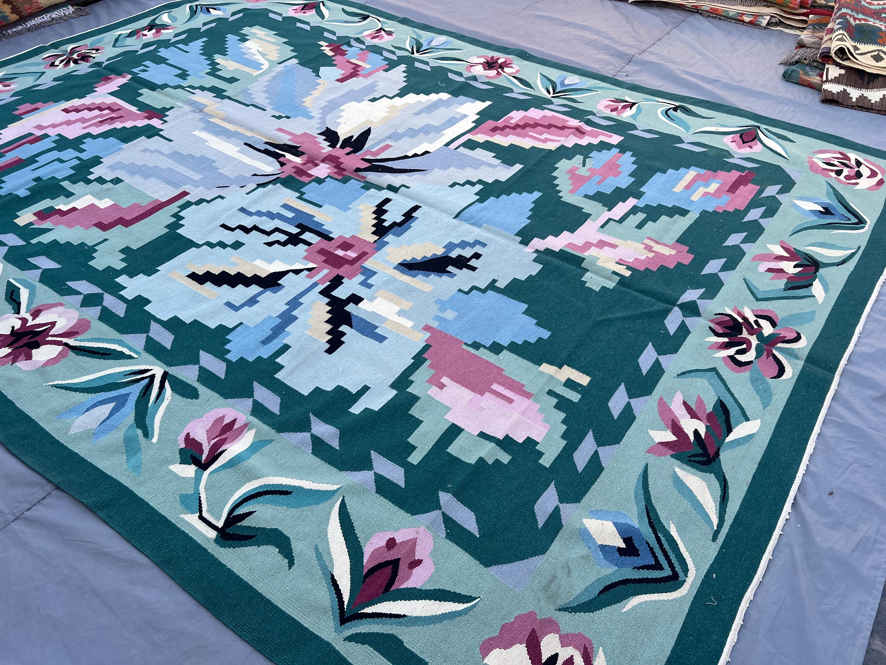 9x12 Afghan Kilim Rug | Handmade Floral Flat Weave Carpet | Pastel Boho Wool Rug | Vintage Botanical Living Ro