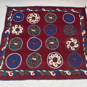 May include: A rectangular, red rug with a repeating pattern of circular designs. Each circle contains an animal figure and is surrounded by a contrasting color. The border features a wave-like pattern in various colors.