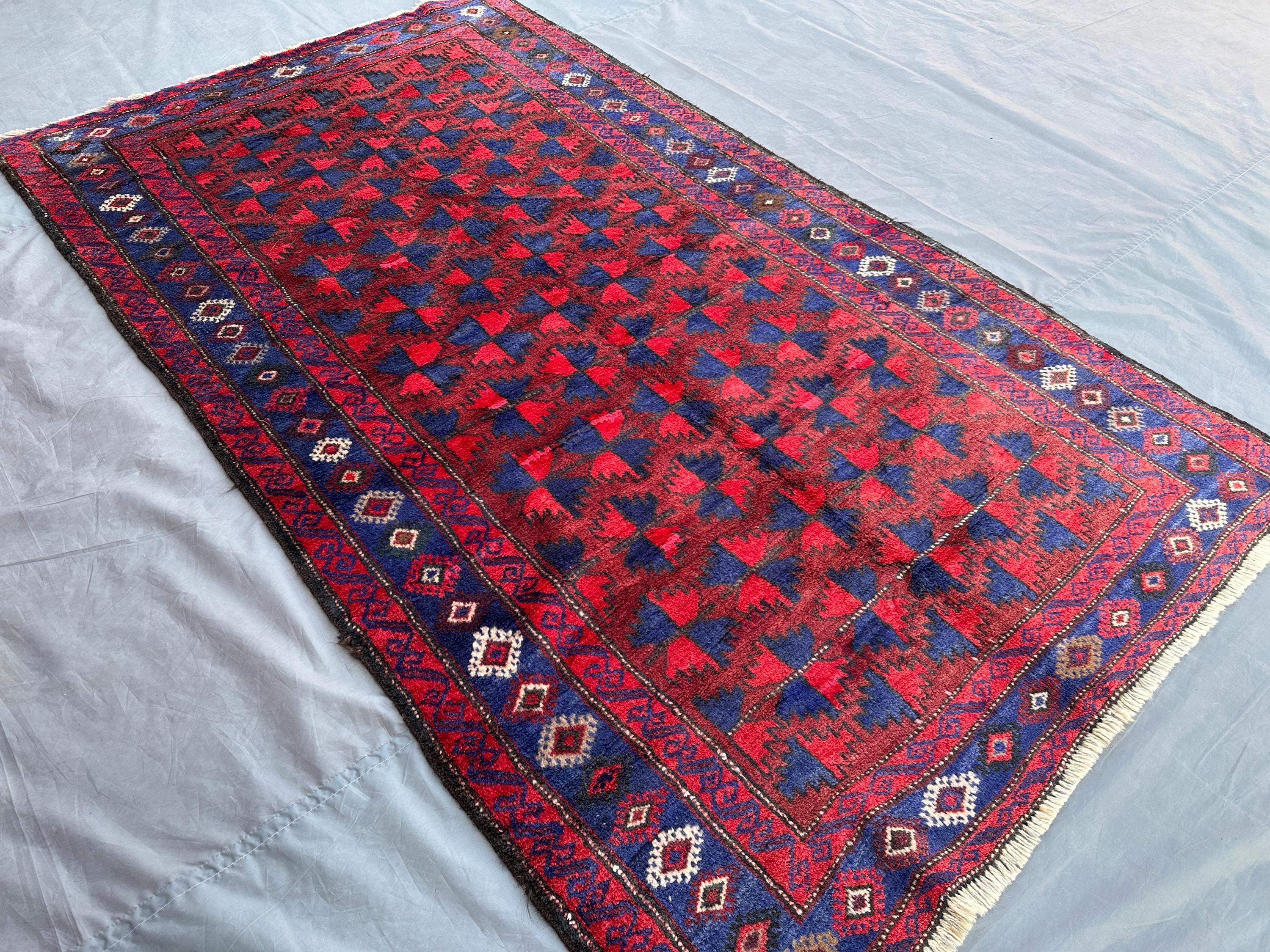 Antique Afghan Baluch Tribal Rug 4'5" x 7'9" | High-Pile Turkmen Wool Carpet | Geometric Pattern Red Rug | Vintage Handmade Afghan Rug
