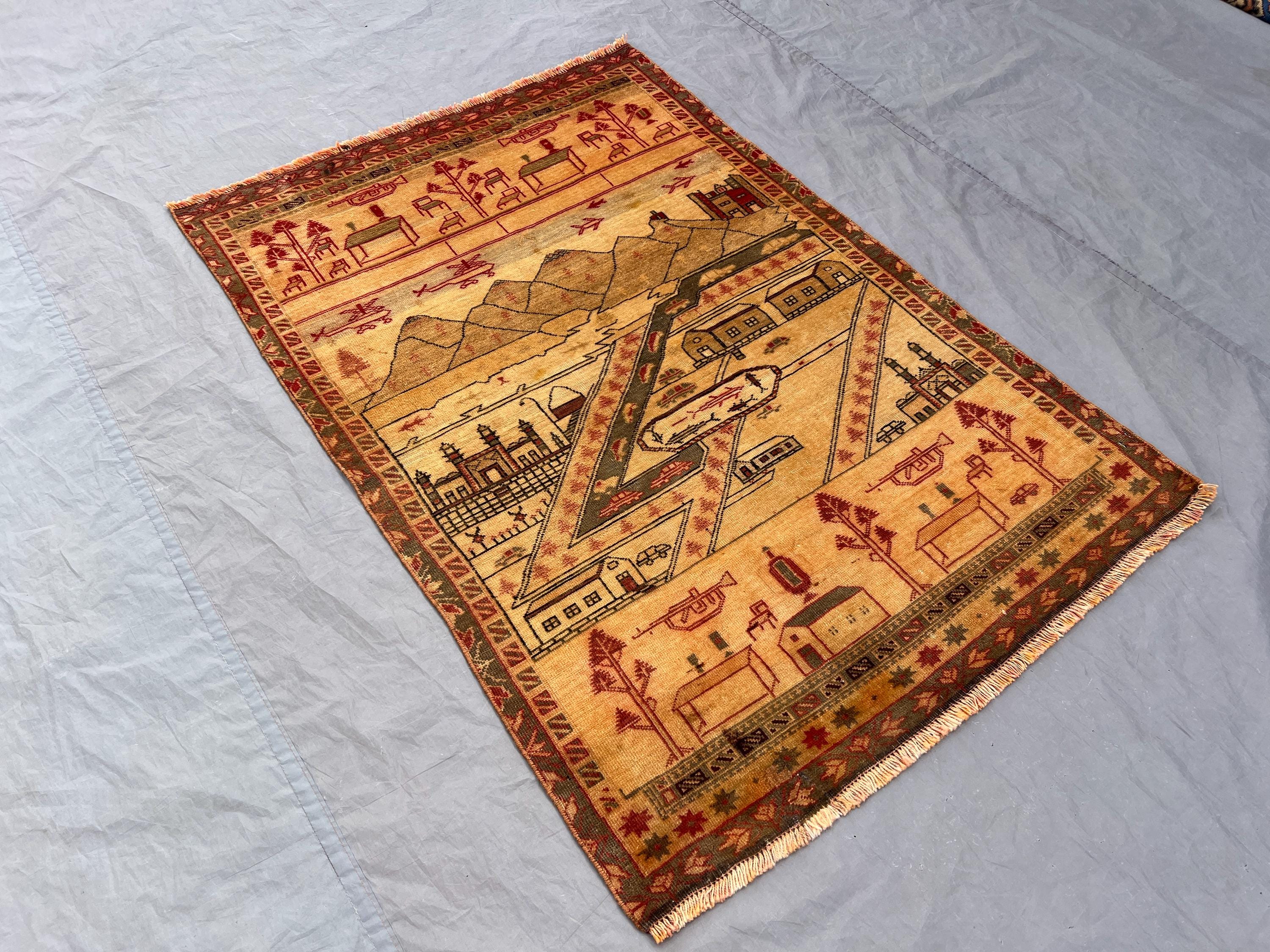 3'2 x 4'8 ft Vintage Afghan Hand-Knotted Baluchi War Rug Pictorial Tribal Wool Carpet Unique Art Scene One-of-