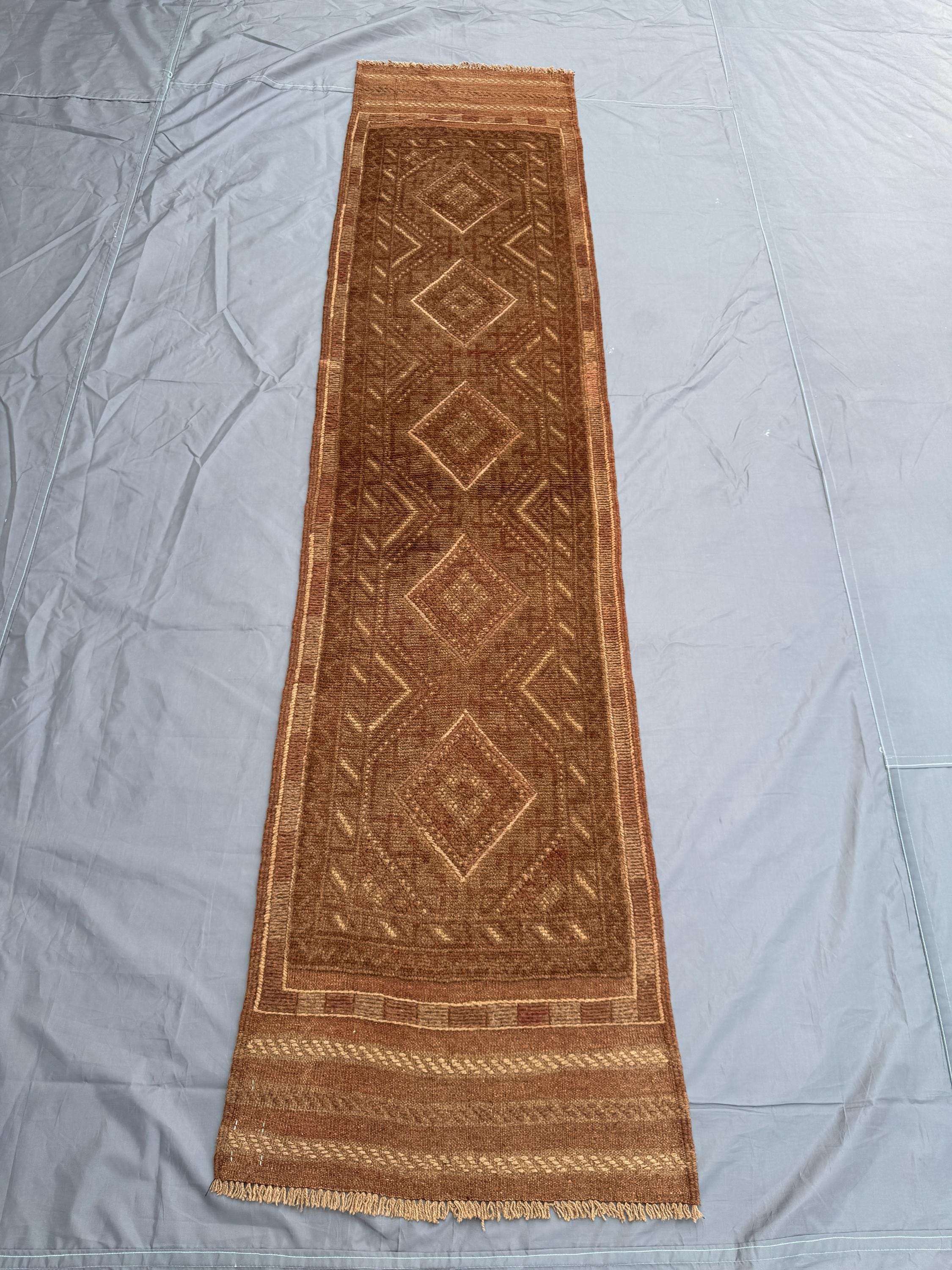 2 x 8 ft Afghan Hand-Knotted Vintage Rare Soft Pile Narrow Runner Rug - Terracotta Faded Mishwani Design | Liv