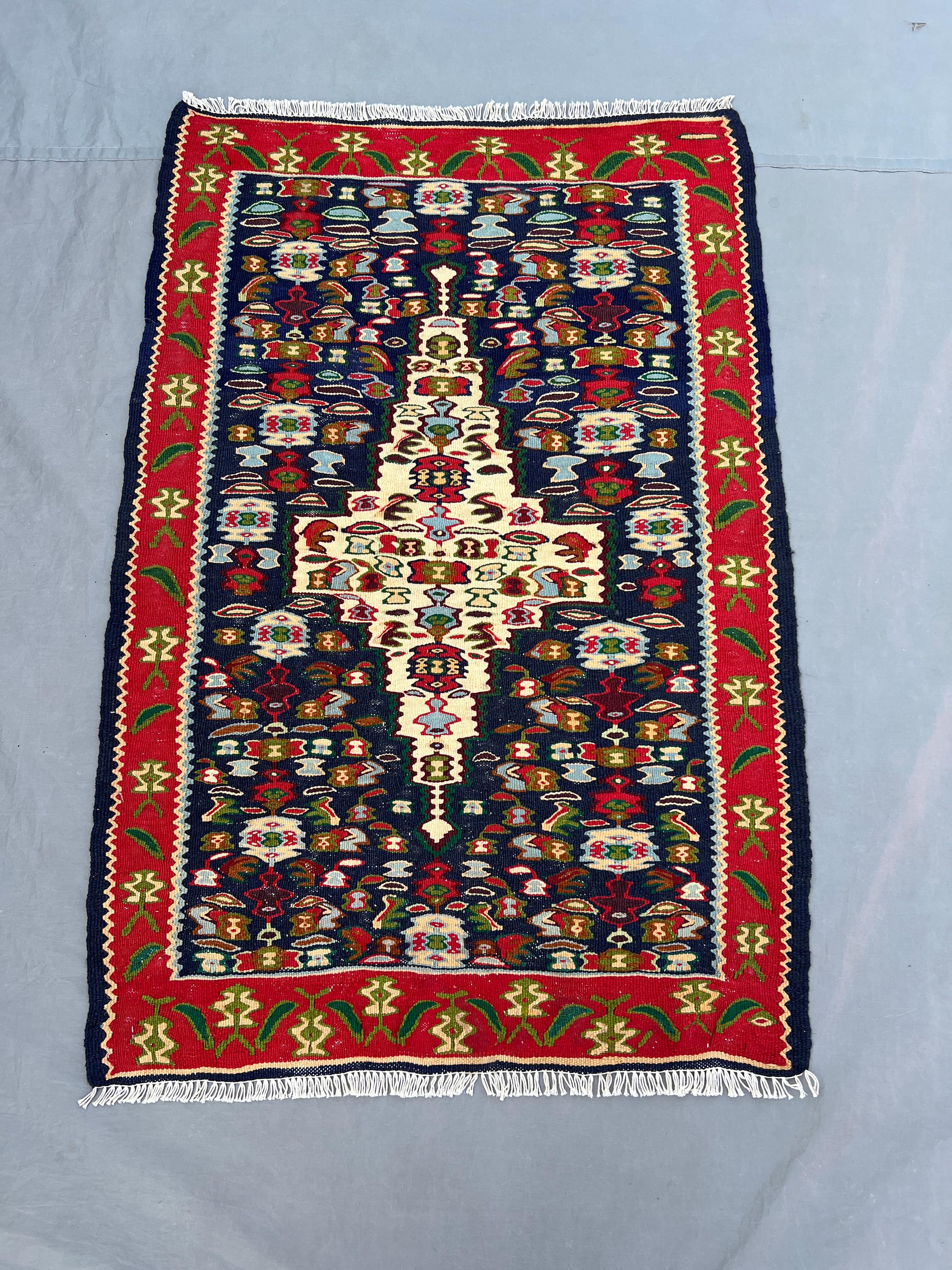 2'8x3'11 Vintage Afghan Flat Woven Wool Kilim Navy Red Ivory Central Diamond Dense Floral Boteh Multicolor Folk Boho Bedroom Accent Rug