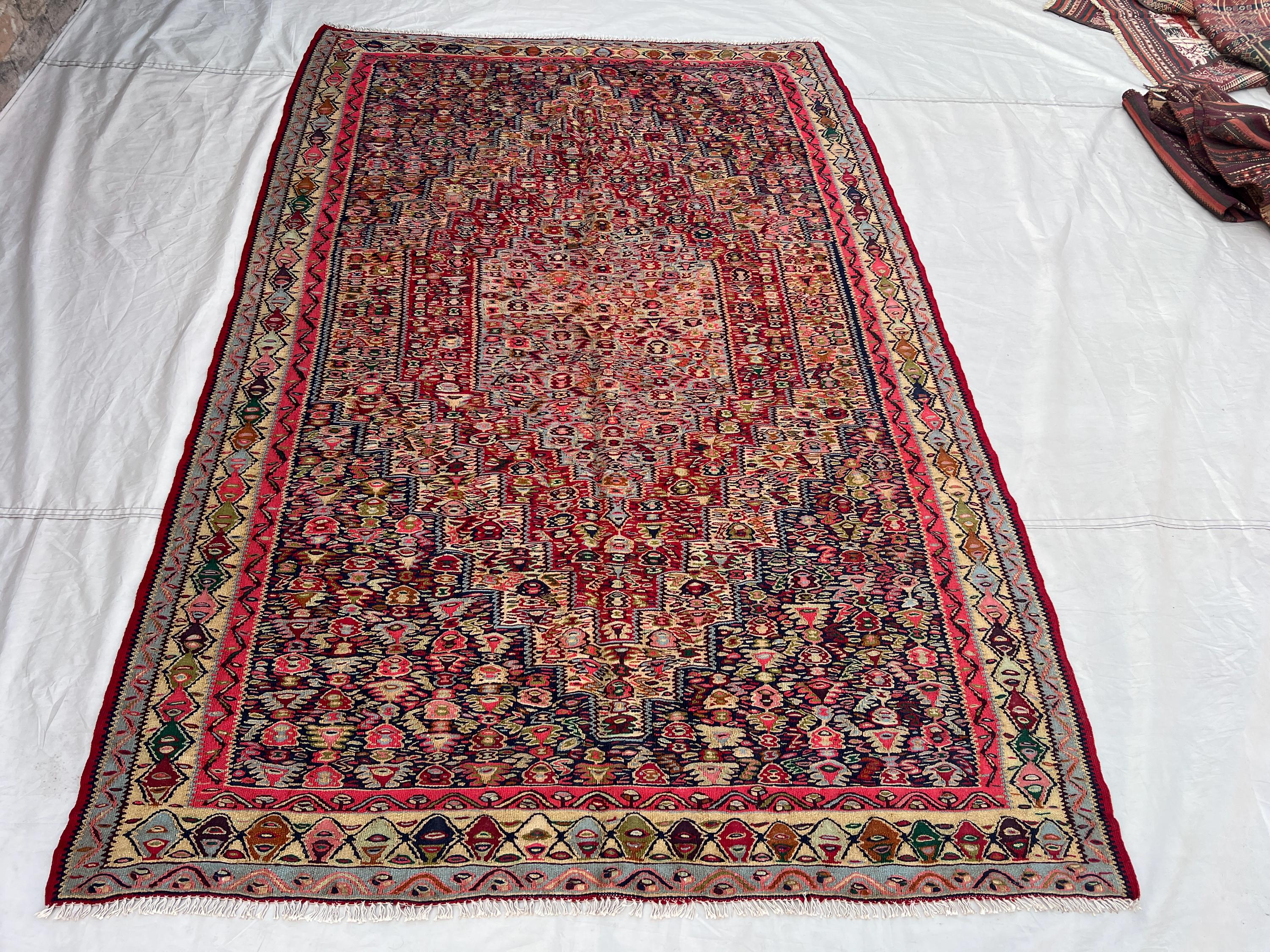 5'2x7'10 Ft Vintage Afghan Kilim Rug Red Multicolor All-Over Floral Geometric Flatweave Handwoven Wool Area Rug | Living Room Bedroom