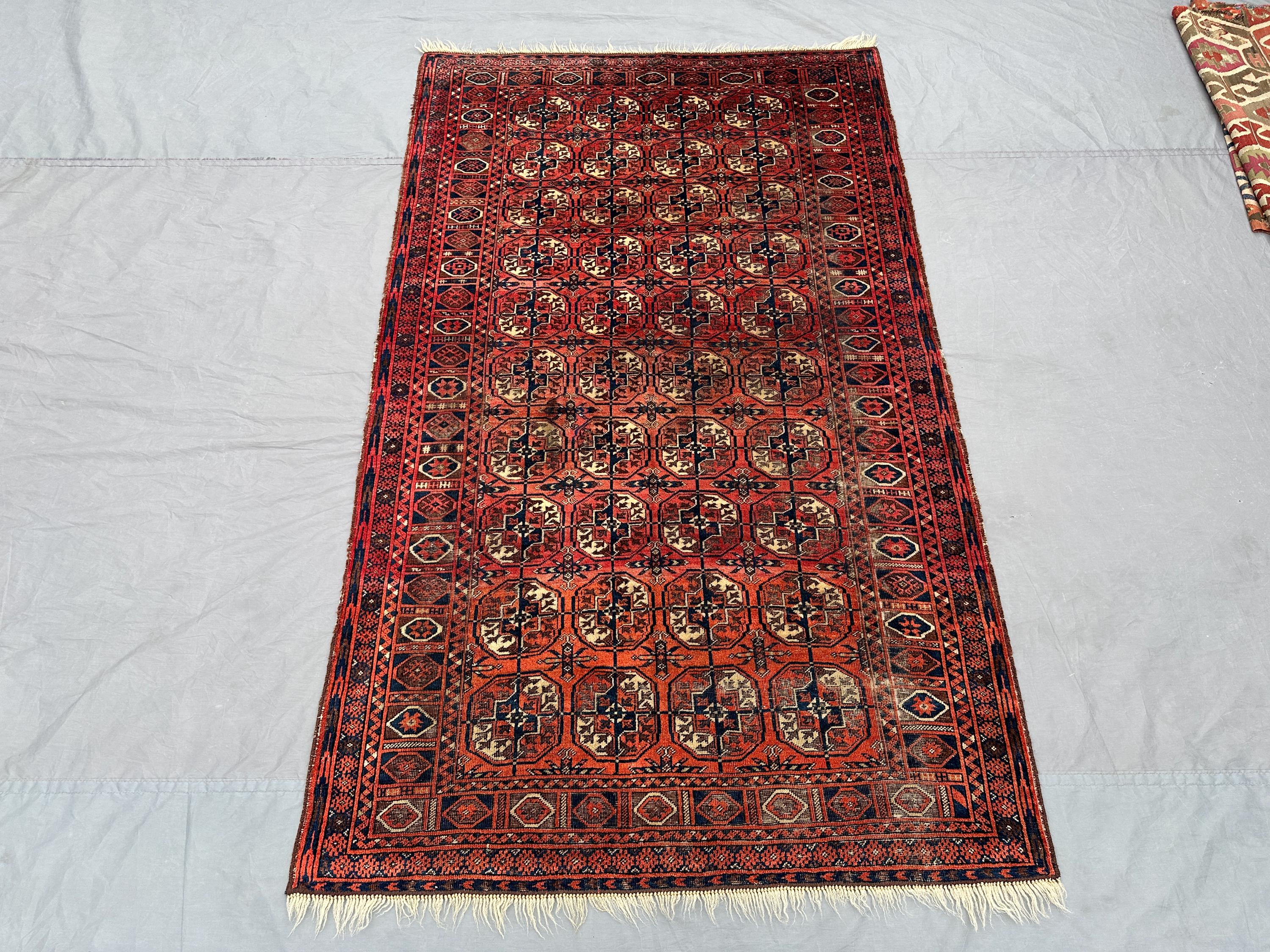4x7 Semi Antique Turkmen Ersari Rug | Afghan Tribal Wool Carpet | Hand Knotted Baluchi Style Rug | Red Navy Kitchen Area Rug, Home Decor