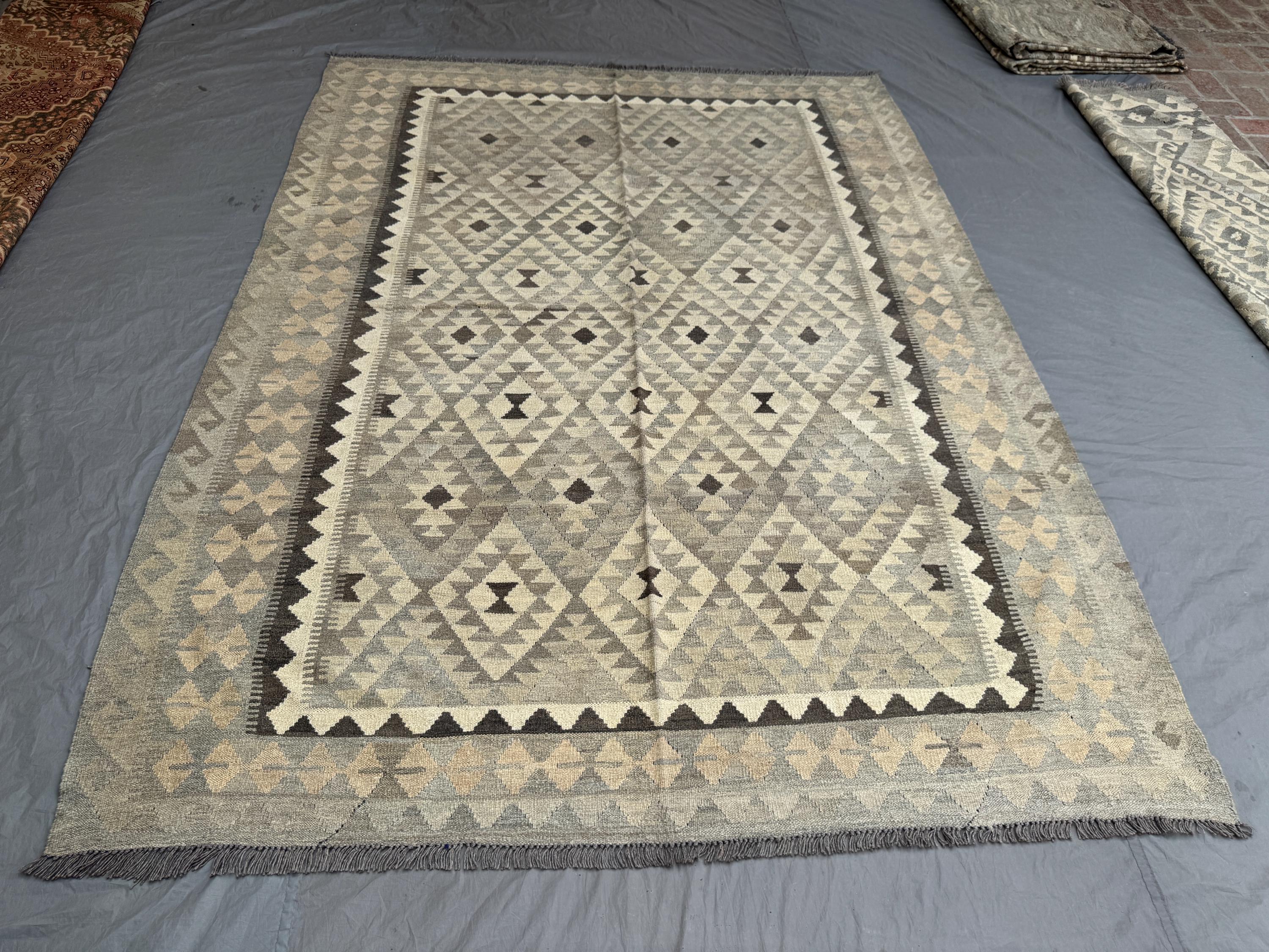 7 x 9.6 ft Afghan Vintage Hand Knotted Kilim Rug Rare Flat Weave Maimana Design Large Faded Tribal Geometric Area rug | Living room decor