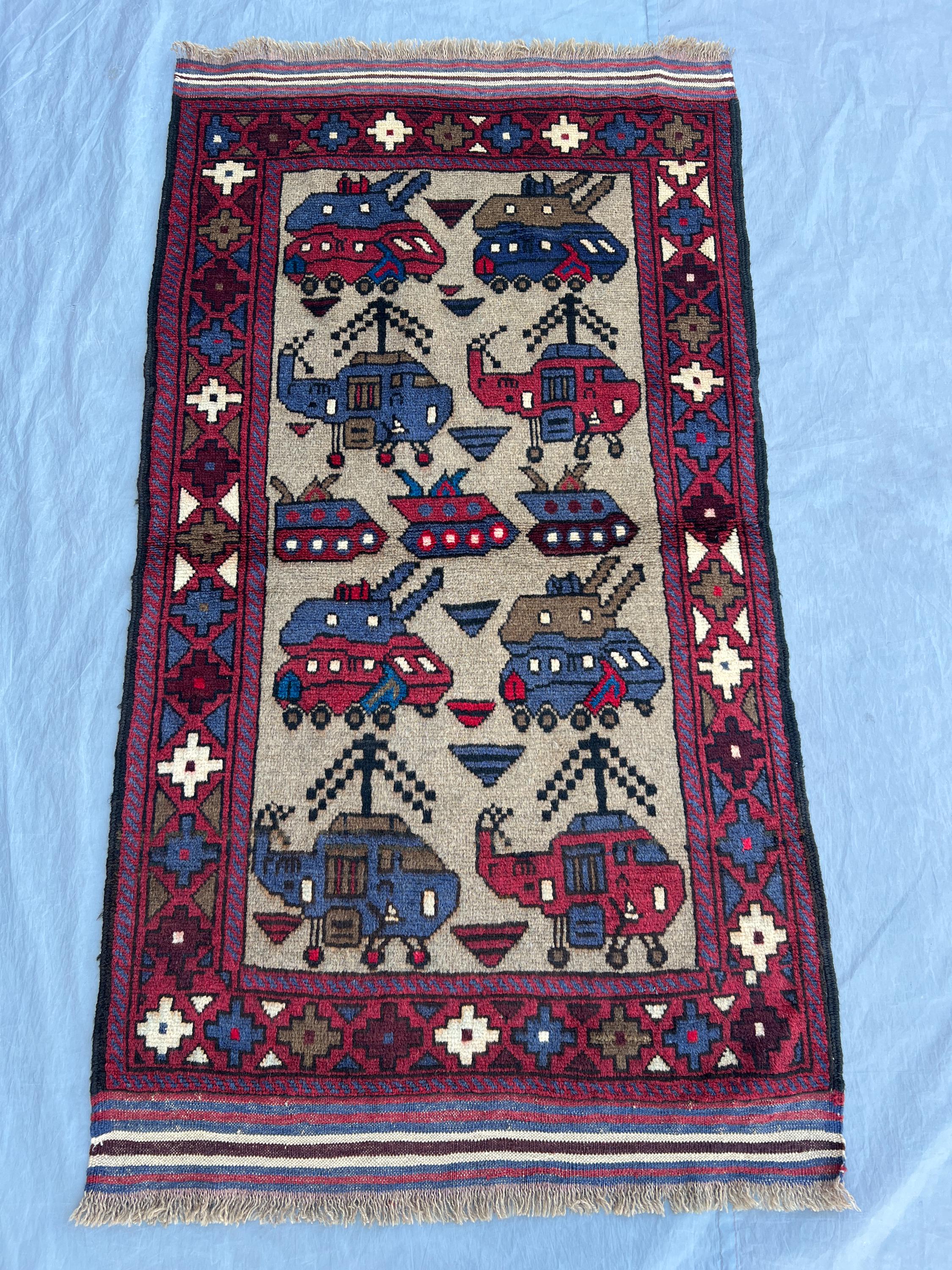 2'11x5'4 ft Vintage Afghan Hand-Knotted Pictorial War Rug, Military Helicopters, Soft Pile, Boho Accent, Handw
