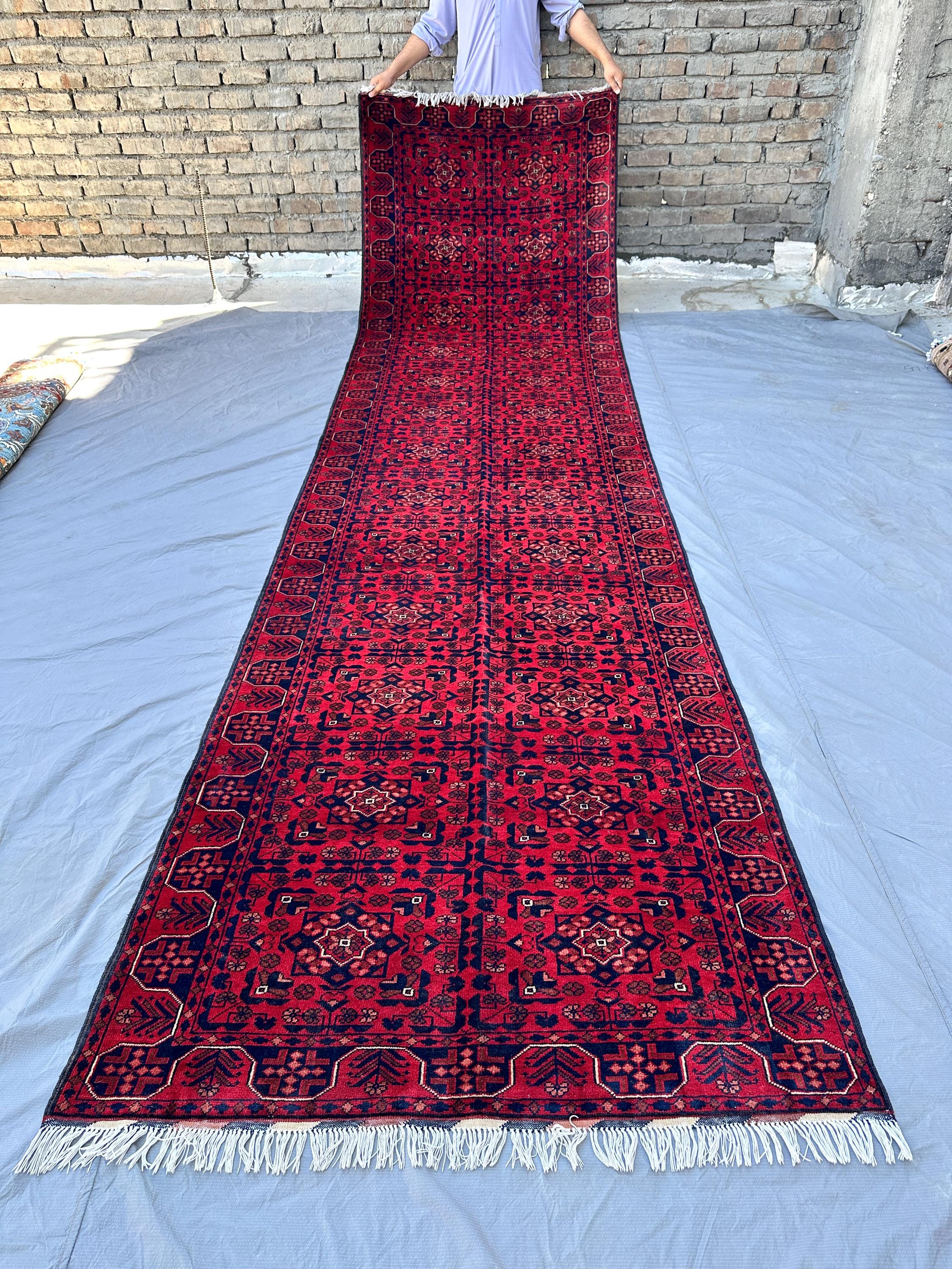 3x13, Red Wool Khamyab Runner, Hand Knotted Tribal Hallway Rug Afghan Geometric Carpet Entryway Rug