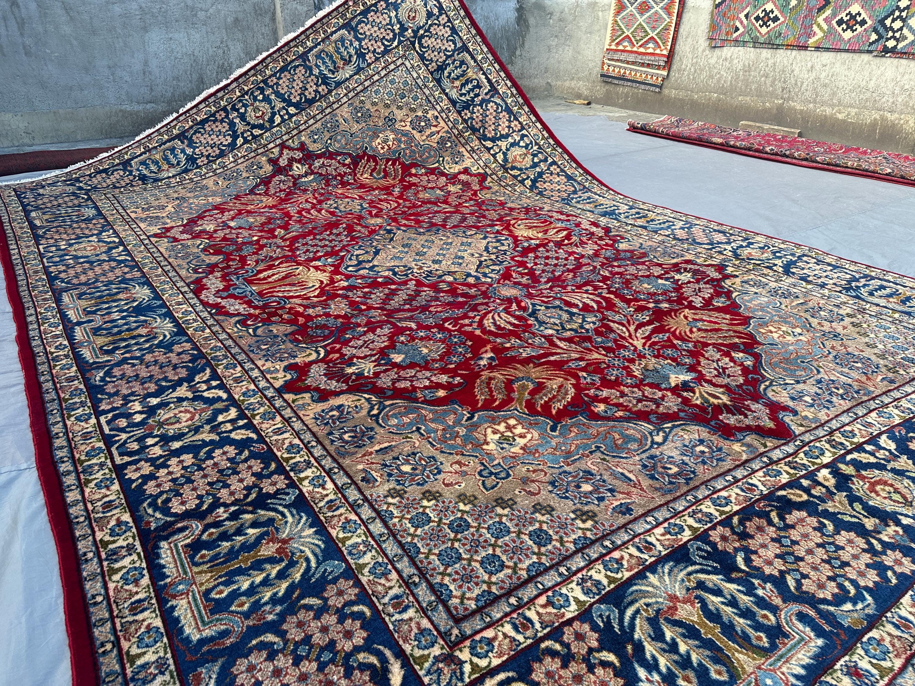 9x12 Vintage Turkish Rug, Red Navy Beige Wool Carpet | Hand Knotted Tribal Caucasian Style | Large Area Oriental Rug | Living Room Decor Rug