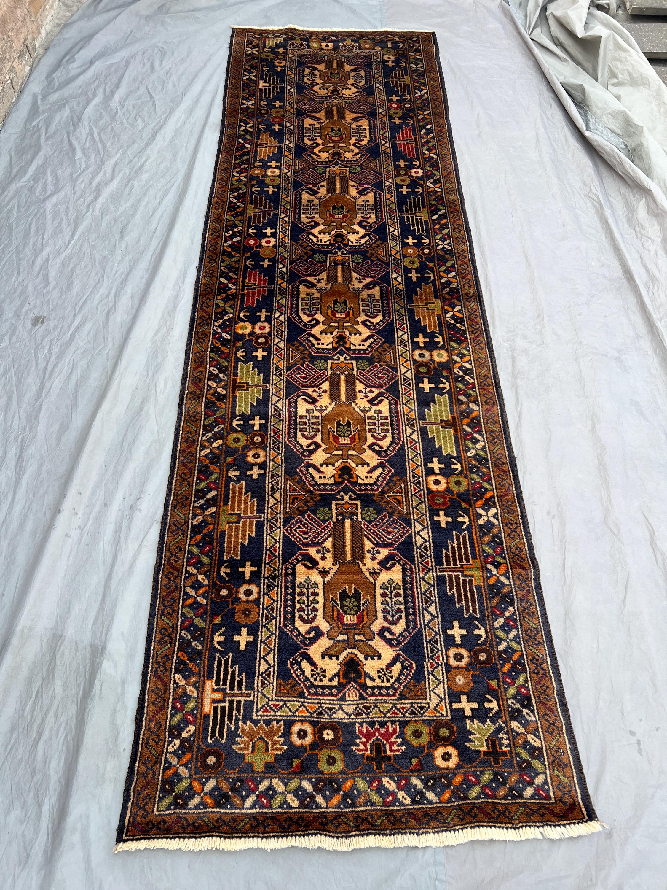 3 x 10 ft Afghan Hand-Knotted Vintage Rare Soft Pile One-of-a-Kind Pictorial Runner Rug - Balochi Design | Hal