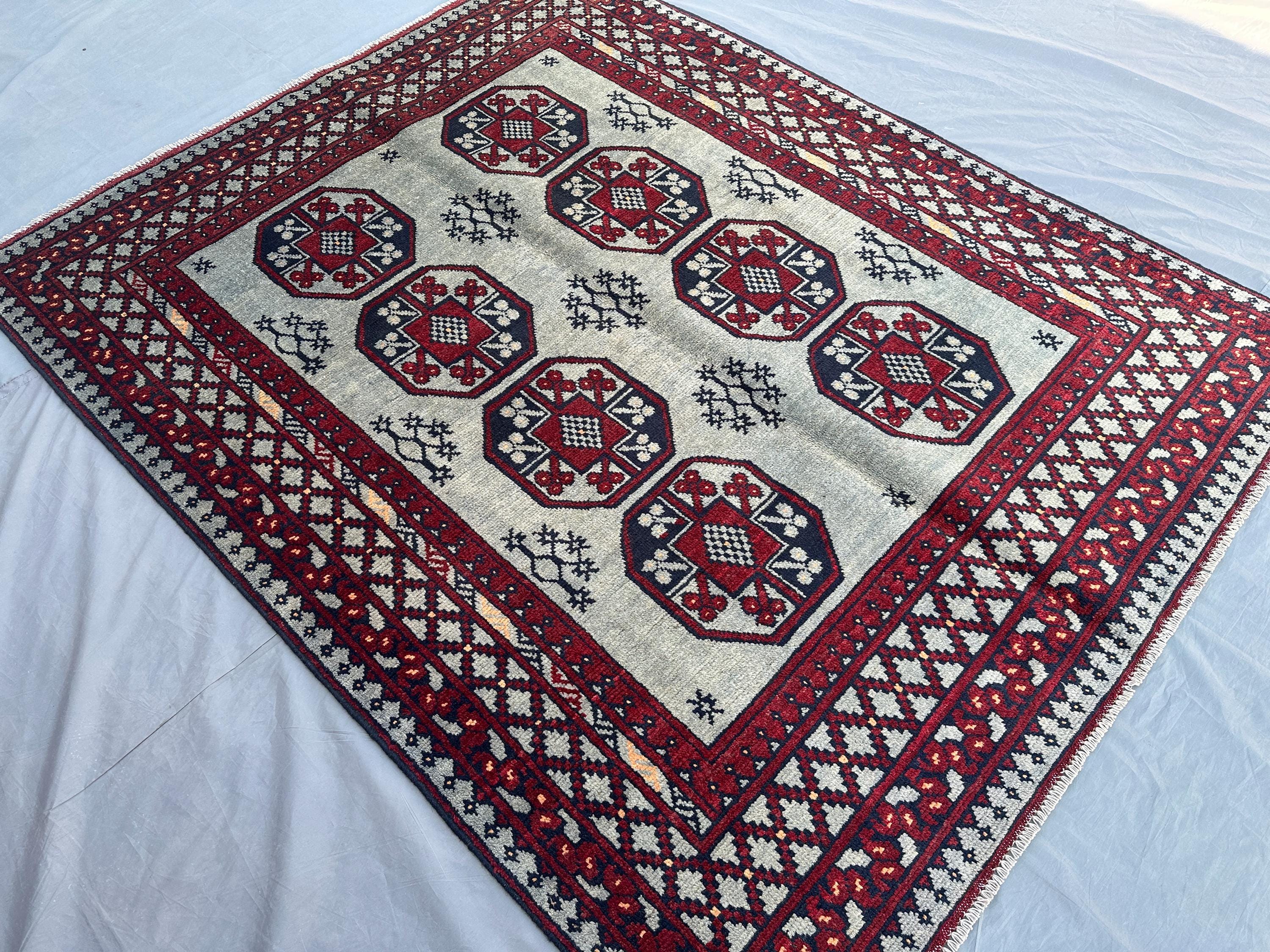 Hand-Knotted Bukhara Rug 5'1" x 6'4 ft Afghan Tribal Turkmen Carpet | Luxury Wool Area Rug | Geometric Modern 