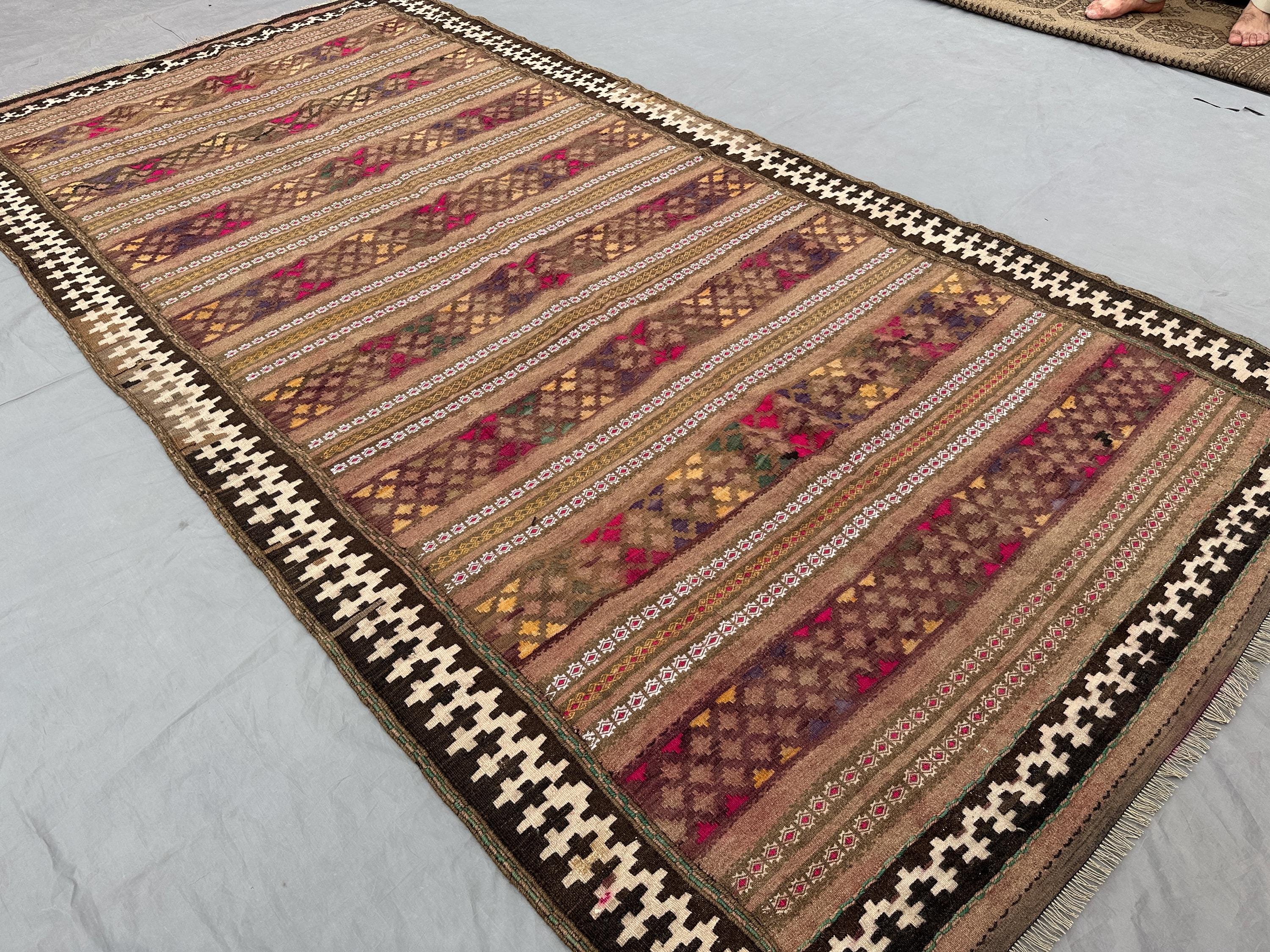 5'2x10 ft Afghan Kilim Rug | Antique Hand Woven Tribal Wool Sumak Carpet | Rare Geometric Flat Weave Outdoor R