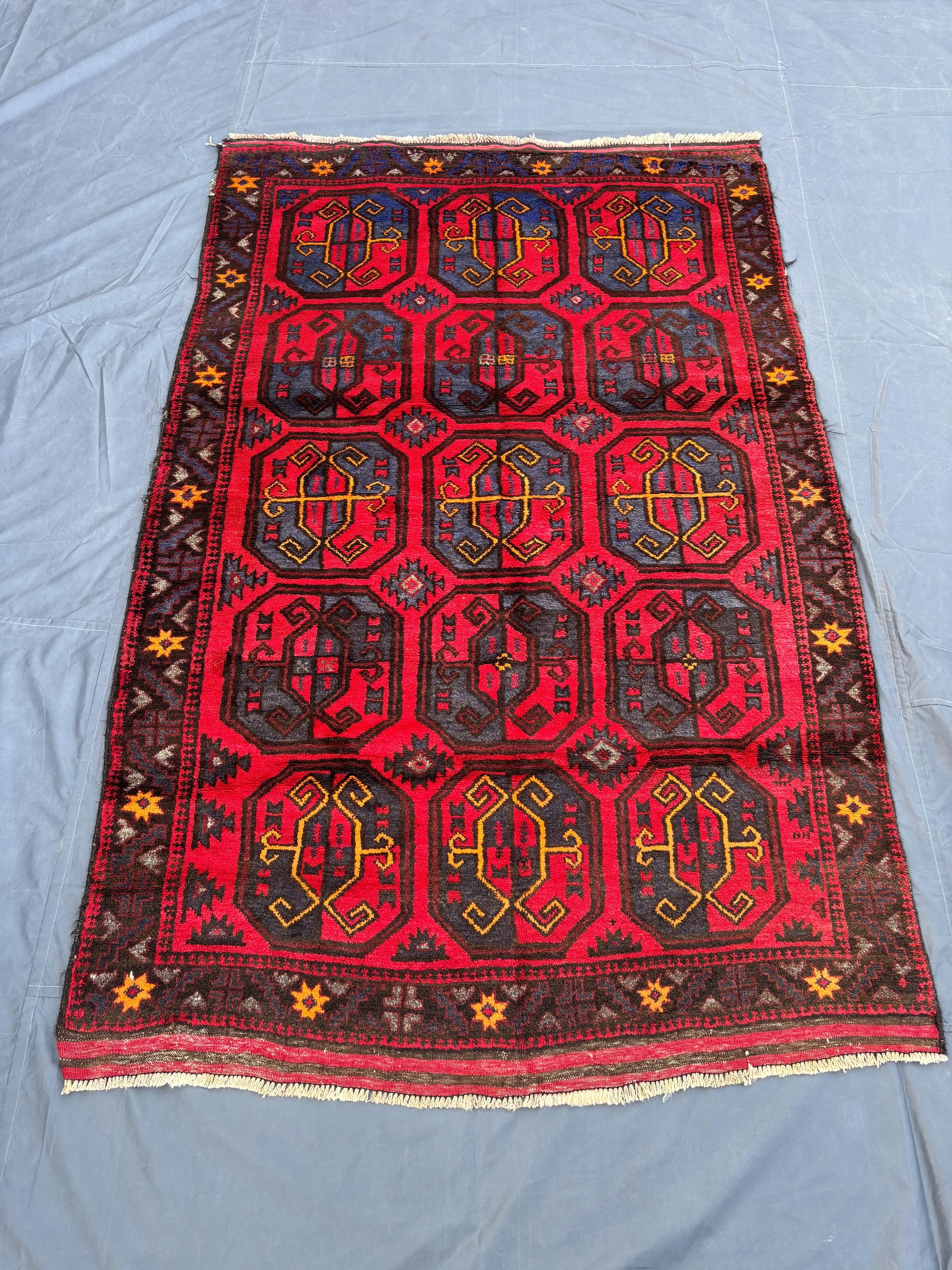 4'5" x 7'2 Ft Vintage Afghan Hand-Knotted Baluchi Rug | Red Black Geometric Pattern Wool Carpet | Rare Tribal