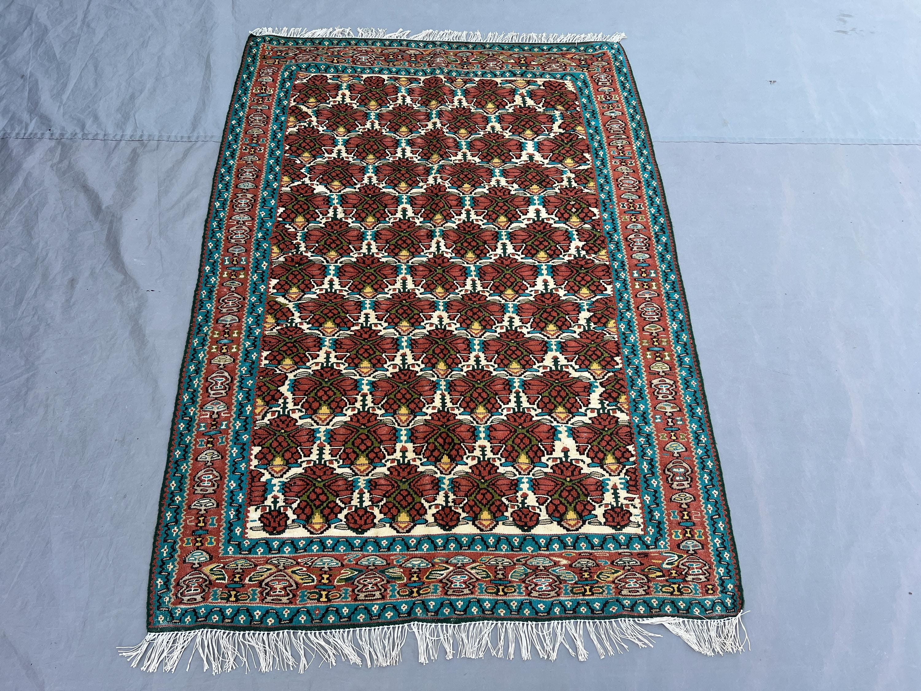 3'8x5'2 Ft Vintage Afghan Kilim Handwoven Wool Flatweave All-Over Floral Lattice Ivory Rust Teal Area Rug | Living Room Bedroom Boho Decor
