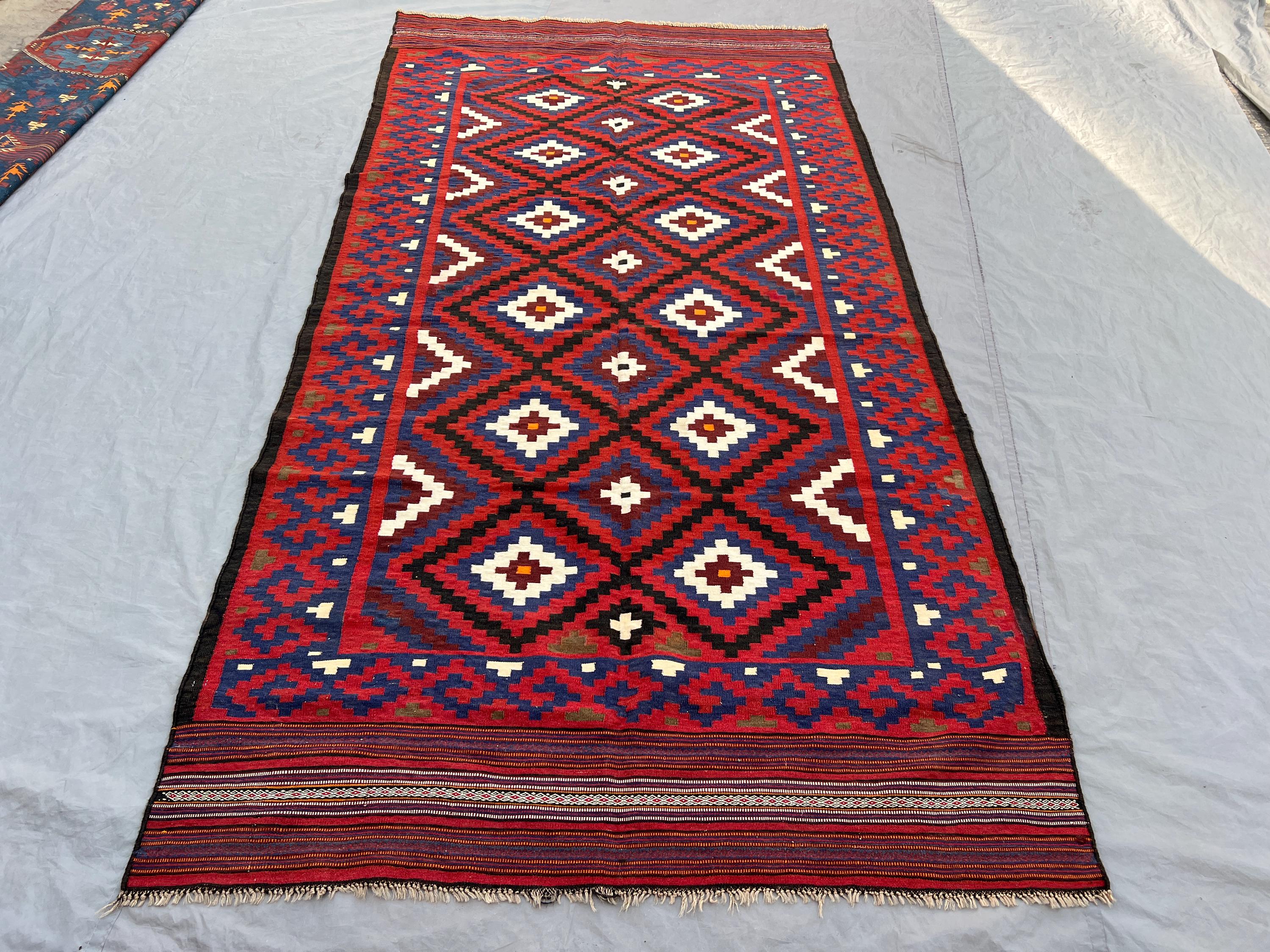 Red 5'2 x 10'0 ft Vintage Afghan Handnotted Kilim Flatweave, Geometric Diamond & Tribal Design, Long Runner R