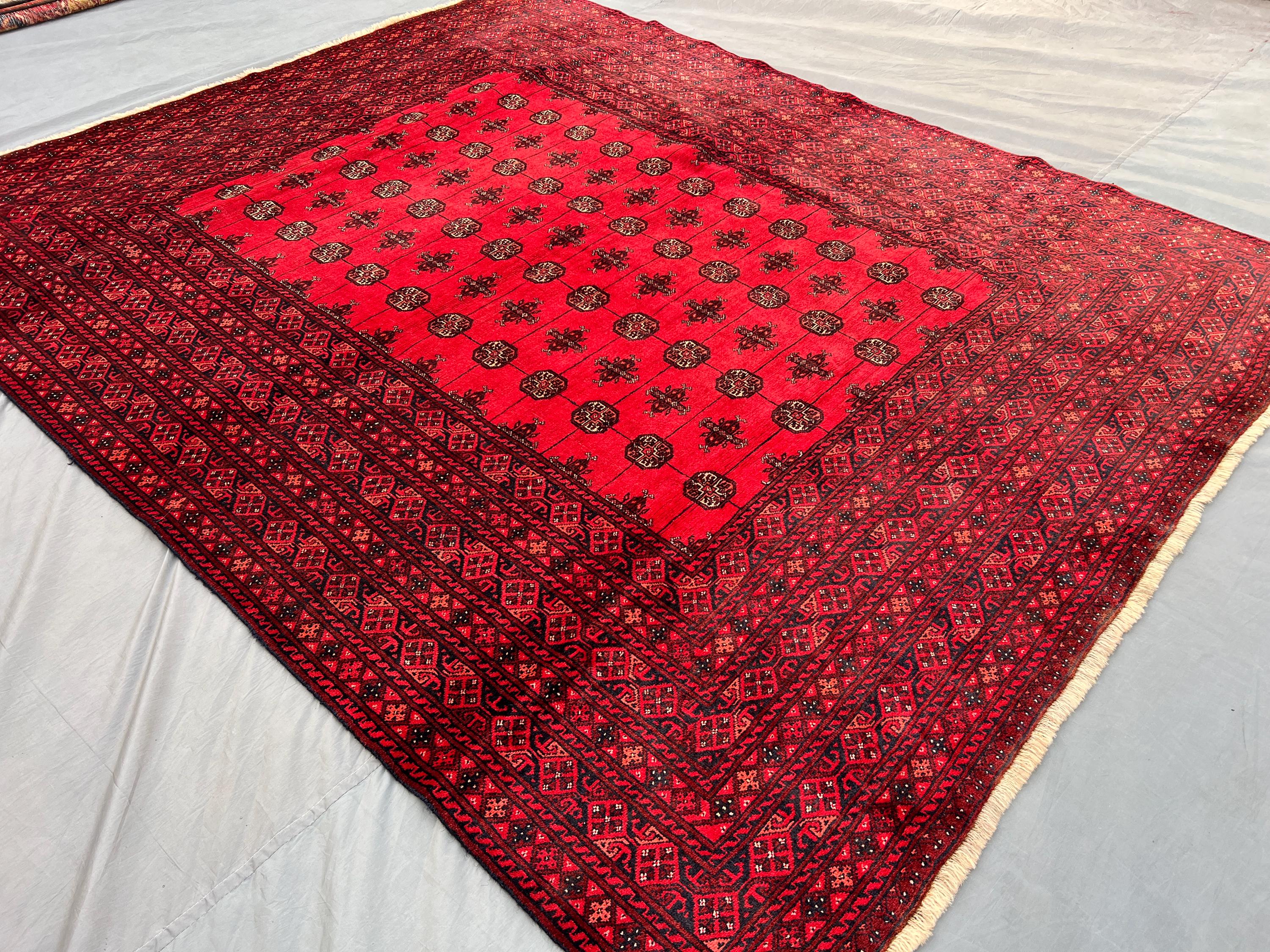 6'6x8 Ft Turkmen Bukhara Rug | Vintage Hand-Knotted Wool Carpet | Red Tribal Repeating Gul Design | Afghan Ori
