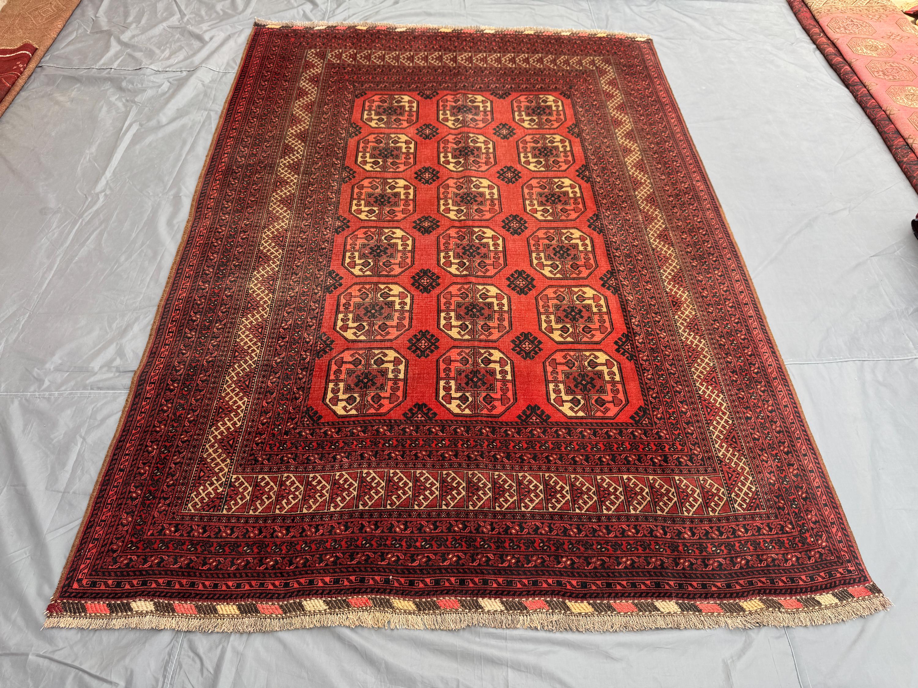 7x10 Antique Turkmen Bukhara Rug, Afghan Hand Knotted Tribal Wool Area Rug, Geometric Pattern, Terracotta Vint