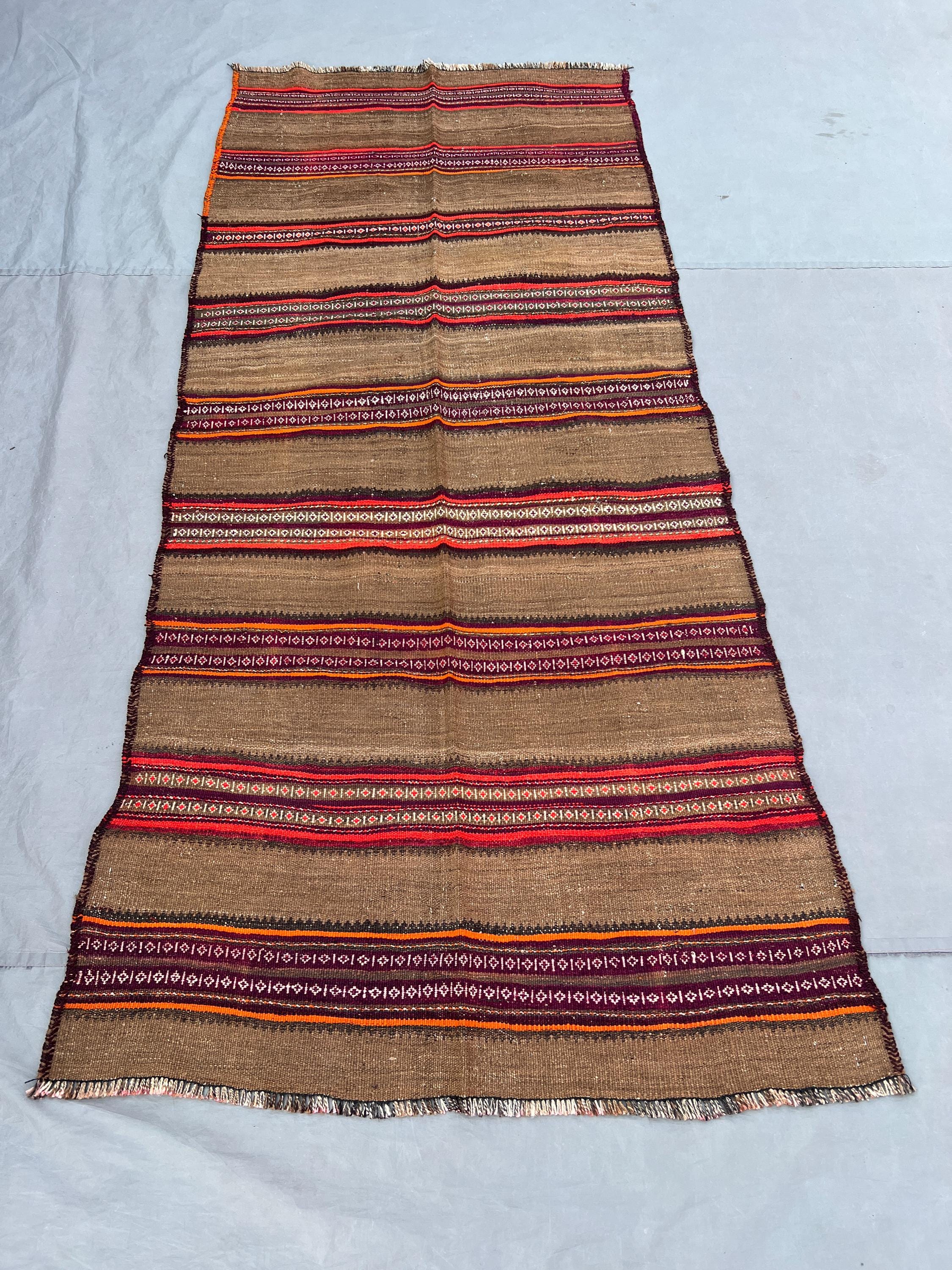 3'5x7'9 Vintage Afghan Flat Woven Natural Wool Kilim Camel Hair Ground Red Orange Stripe Geometric Diamond Tribal Boho Hallway Carpet