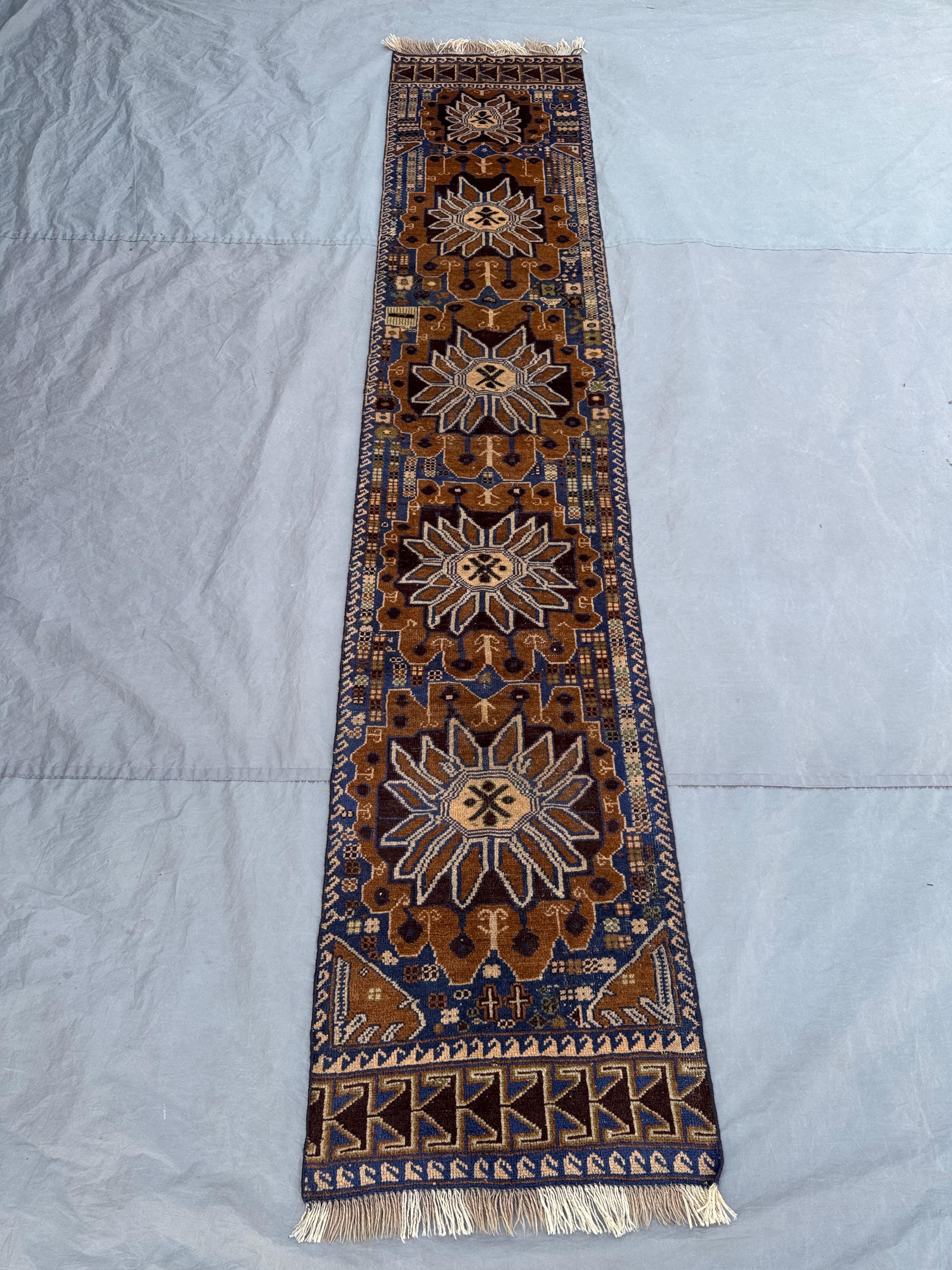 Brown 1.11x9.8 ft Afghan Handmade Vintage Soft Pile One of a Kind Runner Rug with Floral Design, Tribal, Luxury for Hallway, Entryway Decor