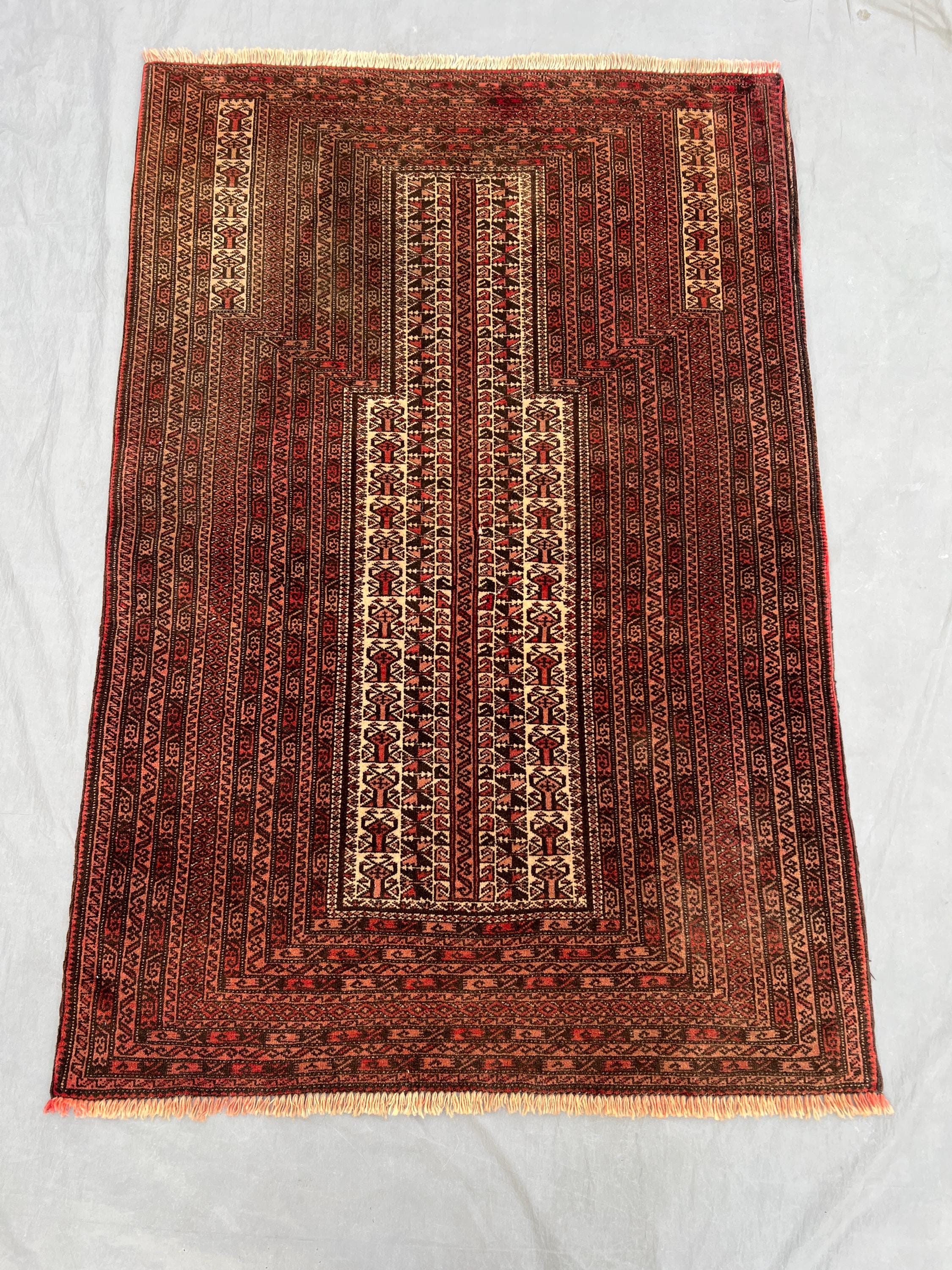 3 x 4'5 ft Vintage Afghan Baluchi Prayer Rug Hand Knotted Wool Tribal Nomadic Design Antique Area Rug for Entryway Bedroom Office