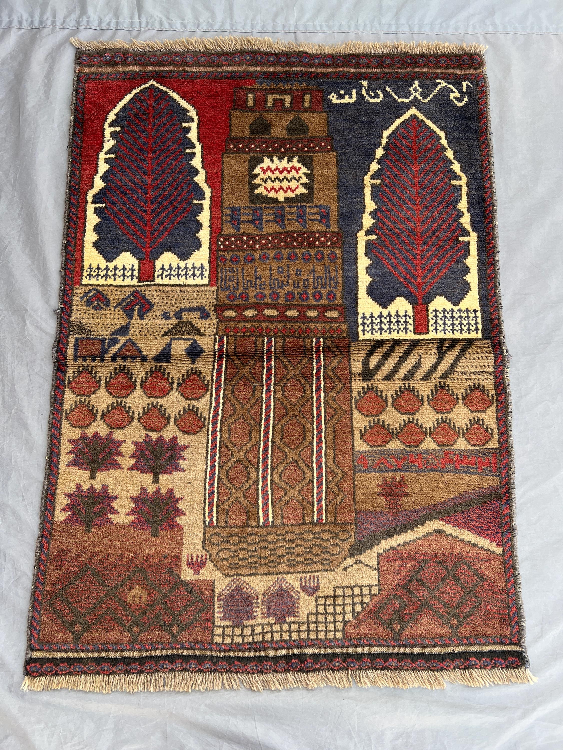 Afghan Pictorial Rug | 2.10x4 ft Handmade Wool Tree Motif Carpet | Rare Small Tribal Rug | Decorative Art Rug | Ethnic Wall or Floor Decor