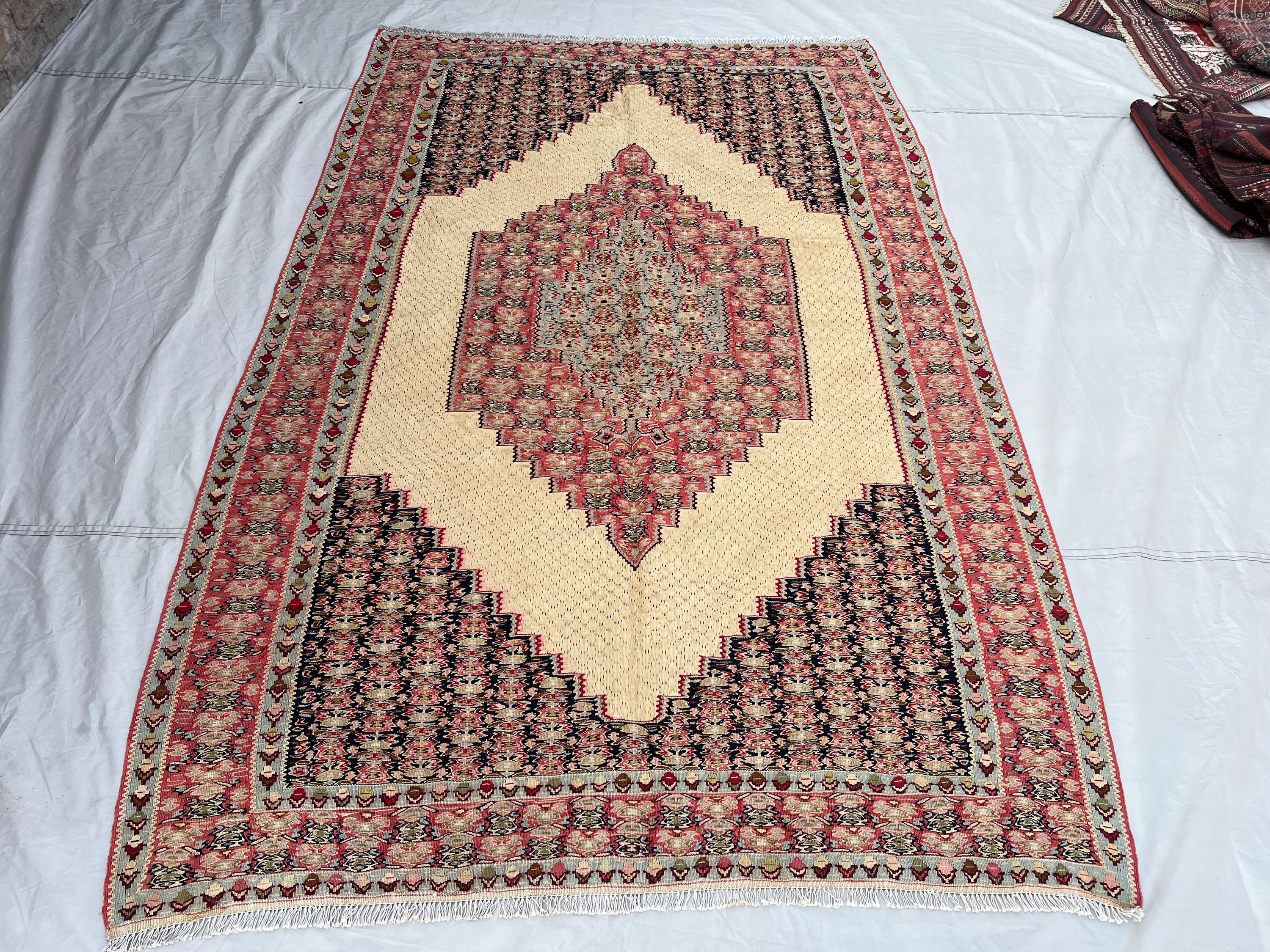 5'1x7'11 Ft Vintage Afghan Kilim Flatweave Rug Ivory Navy Rose Diamond Medallion Floral Boteh Tribal Wool Kilim | Boho Living Room, Bedroom