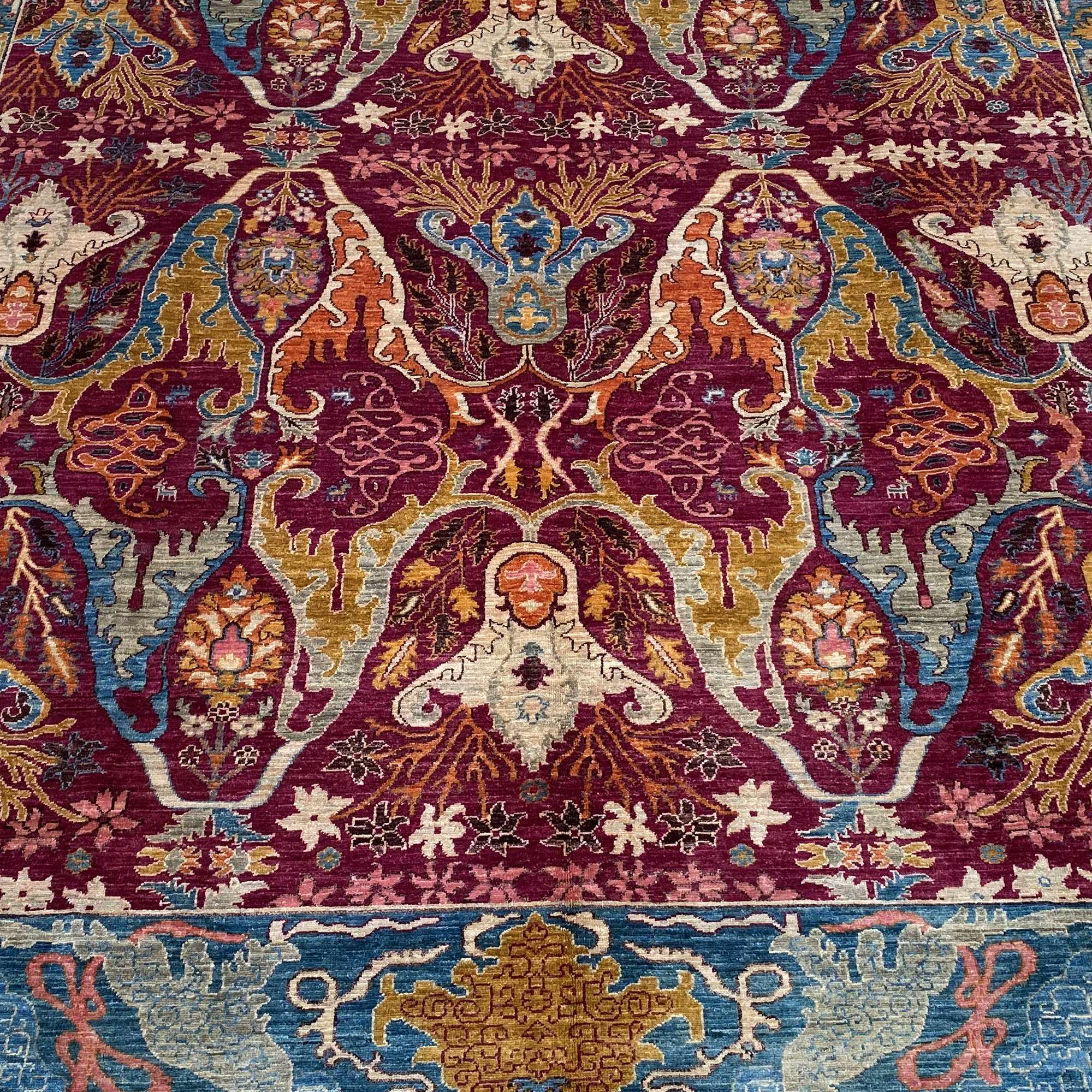 Burgundy Floral Vase Rug | Afghan Hand Knotted Wool 8x10 Area Rug | Botanical Teal Border Living Room Carpet Housewarming Gift Boho Decor