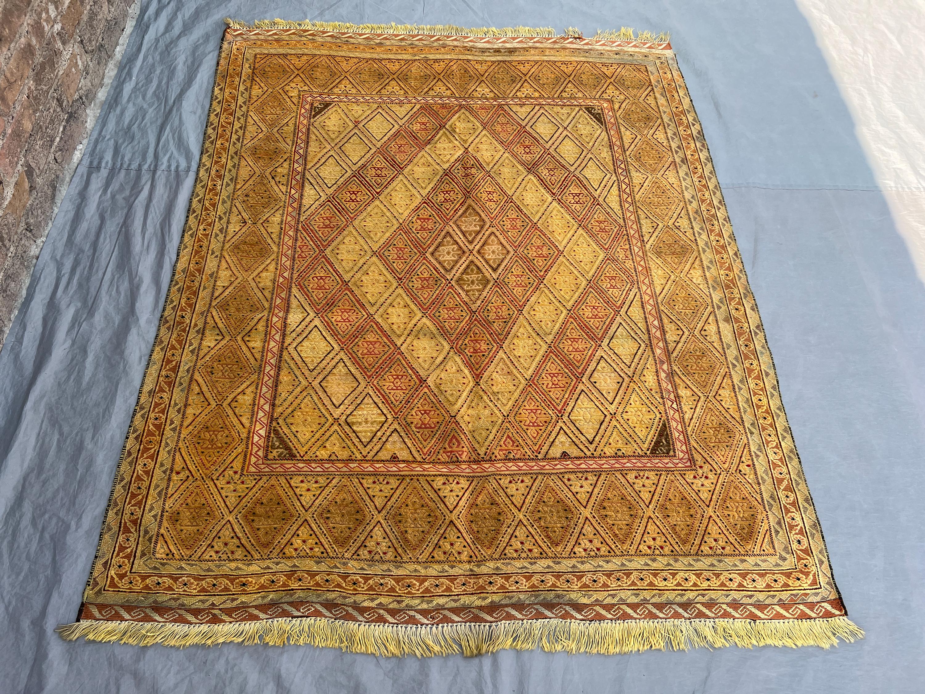 4'10"x5'11" Vintage Afghan Handwoven Kilim Flatweave Rug – Warm Yellow & Red Diamond Design, Tribal Wool, Trad